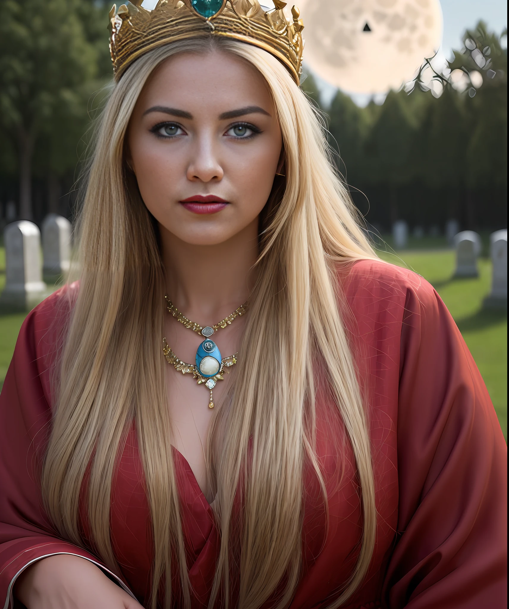 masterpiece, best quality, 8k, sharp focus, ((superrealistic)), high details, raw photo portrait, a blonde woman with white locks, light brown eyes, queen's crown, red lipstick, sitting in a grave, long red dress, in a cemetery, ((holding a skull)), ((night)), graves, tombstones, (((full moon)) photo taken at night, angry, angry, (((depth of field))):1.8 The expression lines on her face can be seen clearly. The texture of your crown and clothes is exceptionally well detailed.