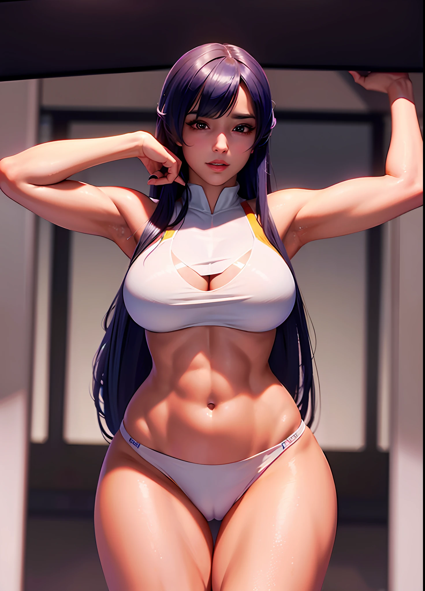 Mirko as an sexy Azur Lane waifu, hololive, large breasts, curvy and super thick, six pack abs, covered in body oil, sexy pose alone at the gym, tight leggings exposing her camel toe, wearing micro bikini, sexy breast indentation, aroused, sfw, one girl, solo, perfect body, perfect face, perfect hands, perfect fingers, perfect lips, perfect eyes, perfect background, perfect vibe, professional quality photography, highest resolution, 8k, ray tracing, volumetric lighting, octane render, ultra detailed azur lane waifu