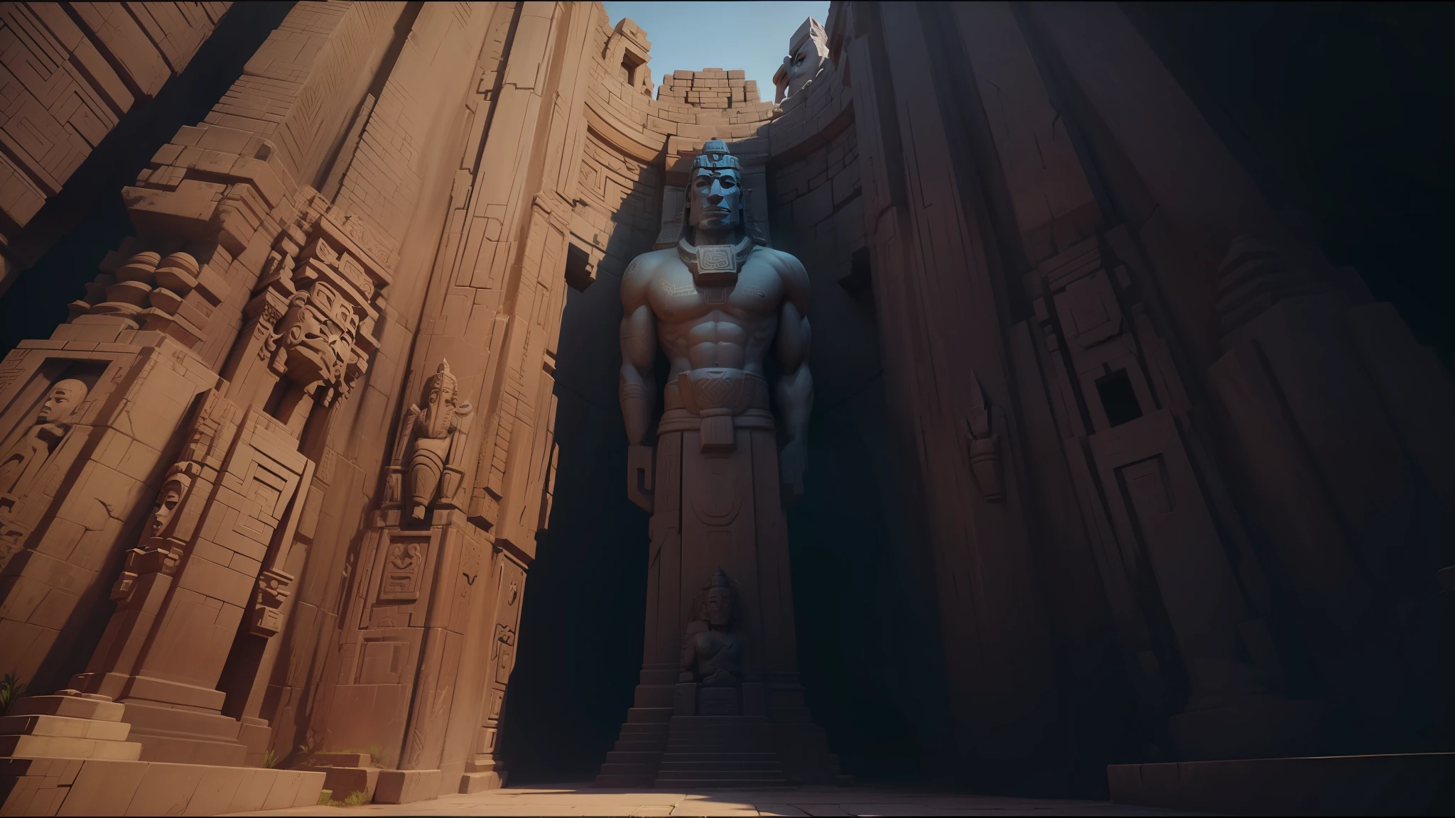 there is a large statue of a man in a gorge, stone eyes, unreal engine :: rave makeup, giant moai statues, khajuraho epic, cinematic!, 2019, pixar movie frame, lost world, african god mask, secret temple overgrown, by Chris LaBrooy , wall ], vrchat, face shown, 2 0 1 9, deity --auto --s2