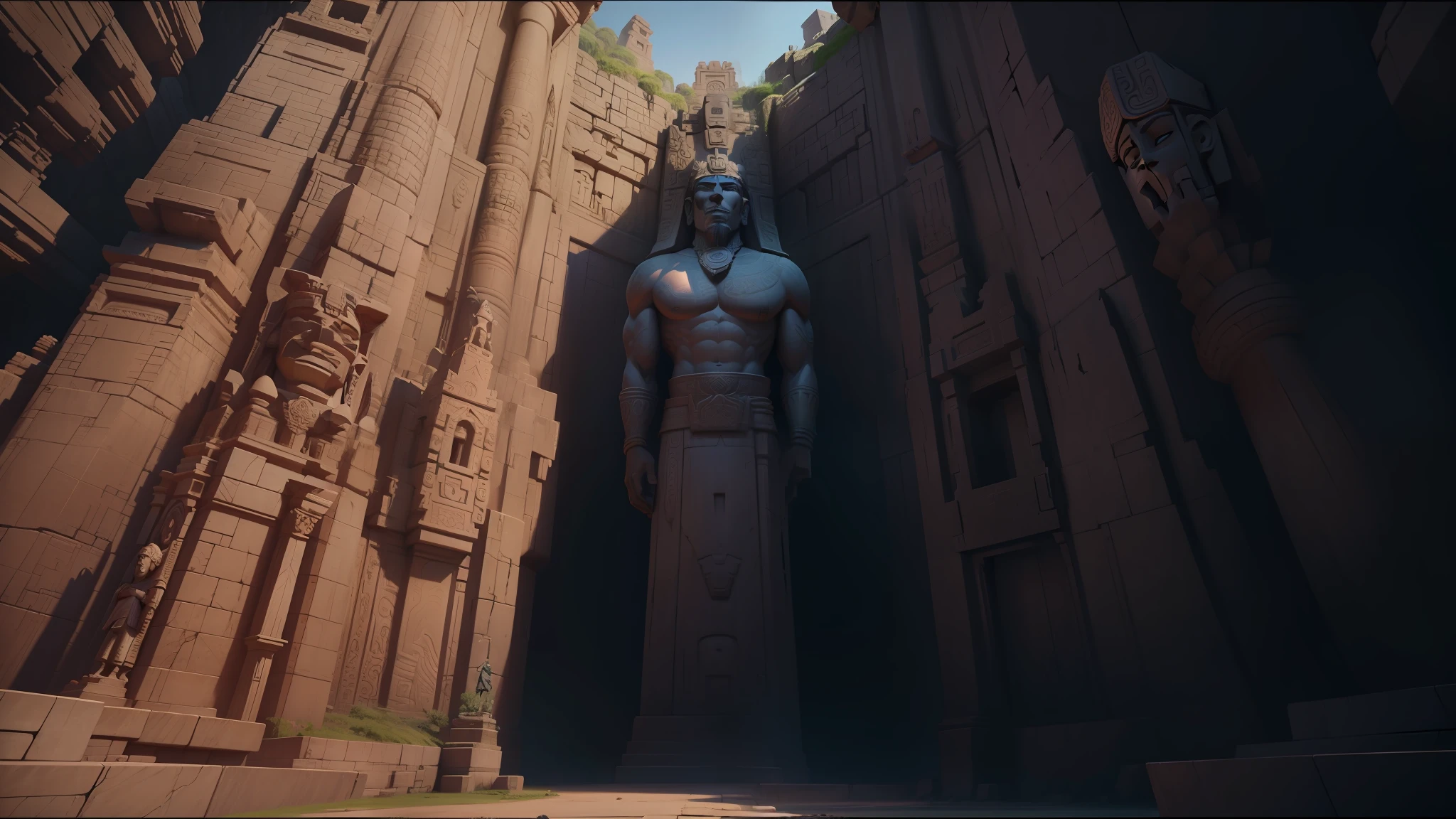 there is a large statue of a man in a gorge, stone eyes, unreal engine :: rave makeup, giant moai statues, khajuraho epic, cinematic!, 2019, pixar movie frame, lost world, african god mask, secret temple overgrown, by Chris LaBrooy , wall ], vrchat, face shown, 2 0 1 9, deity --auto --s2