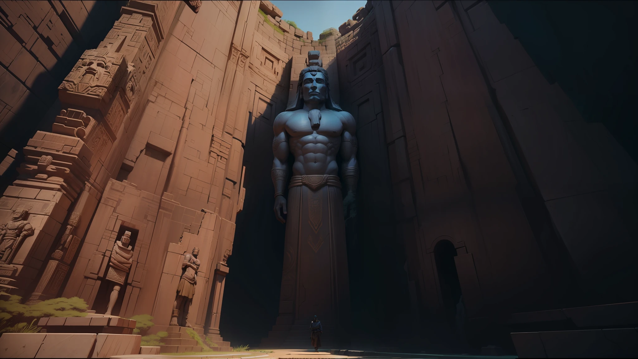 there is a large statue of a man in a gorge, stone eyes, unreal engine :: rave makeup, giant moai statues, khajuraho epic, cinematic!, 2019, pixar movie frame, lost world, african god mask, secret temple overgrown, by Chris LaBrooy , wall ], vrchat, face shown, 2 0 1 9, deity --auto --s2