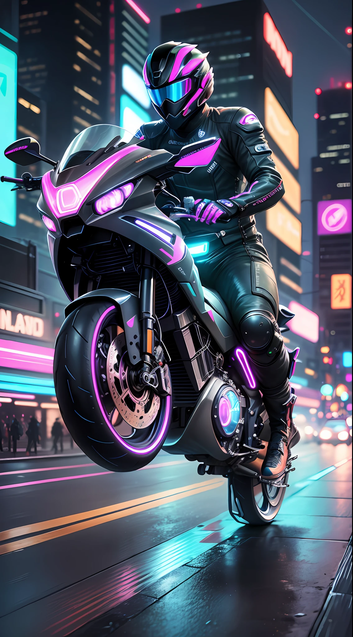 "A man riding a futuristic motorcycle at top speed through a neon-lit city at night. (#futurista, #neon, #noite)"