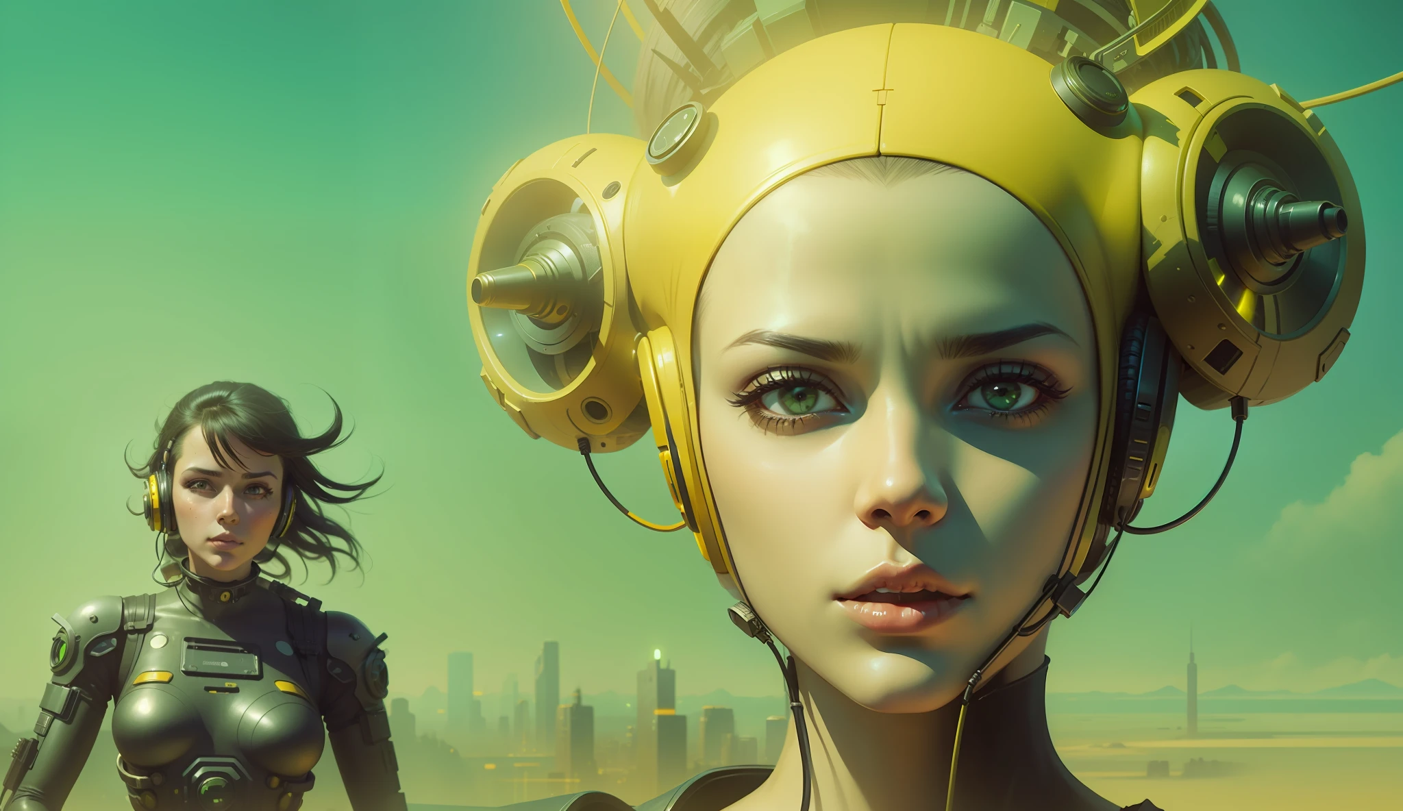 a woman in a yellow dress with headphones on, cyberpunk art by Jim Burns, behance, retrofuturism, dystopian art, behance hd, matte painting