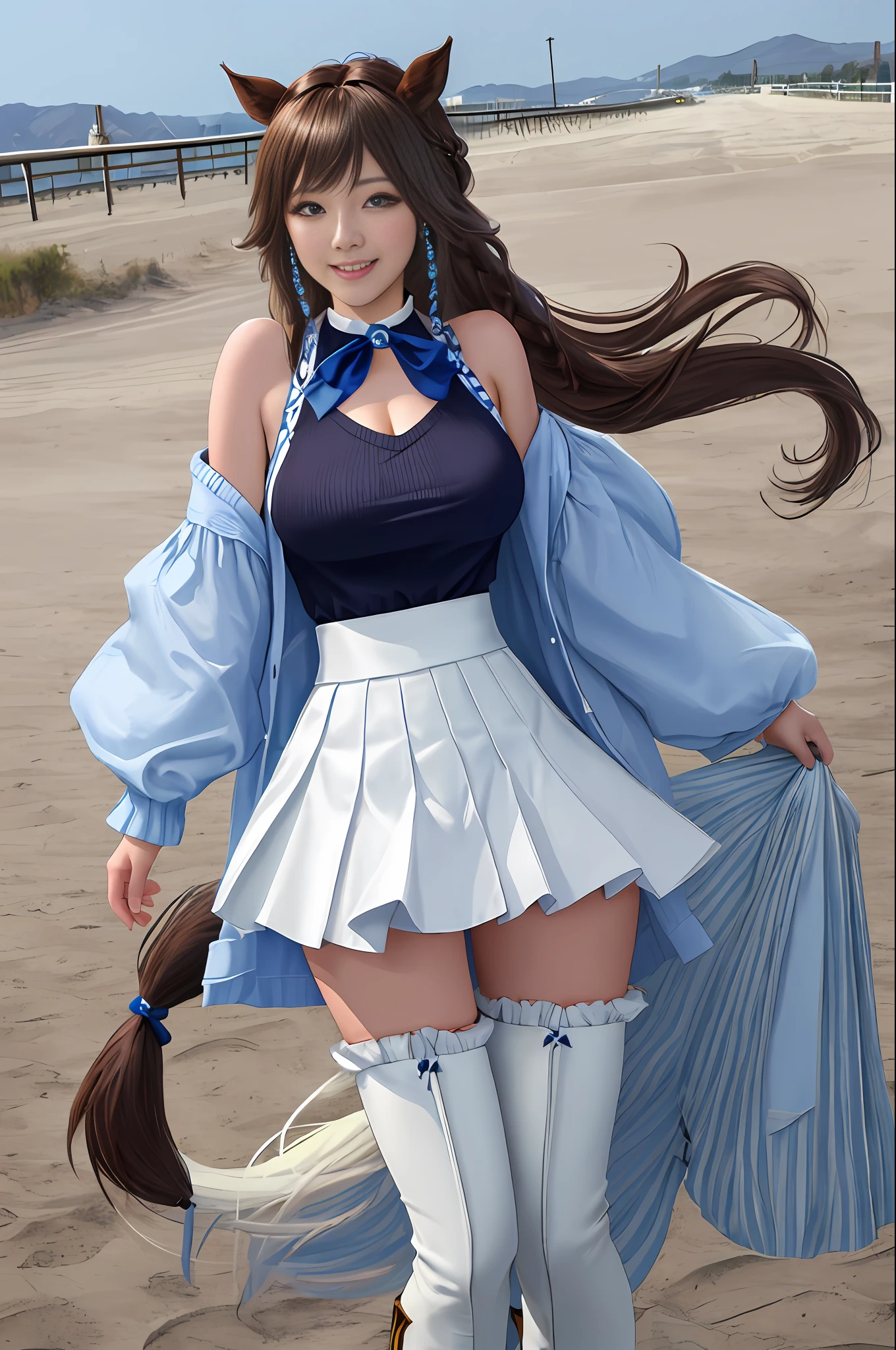 super creek \(umamusume\),1girl, blue eyes, large drooping eyes, huge breasts, brown long hair, single braid, braided bangs, full body, looking at viewer, smile, solo, white sleeveless sweater ,light blue sleeveless coat, white pleated skirt, dark blue thigh boots, blue choker, blue wrist scrunchie,  (horse ears, horse girl,:1.2) (horse tail,:1.3),masterpiece, best quality, highres, 8k,realistic, shiny skin, detailed skin, detailed eye, detailed hair,