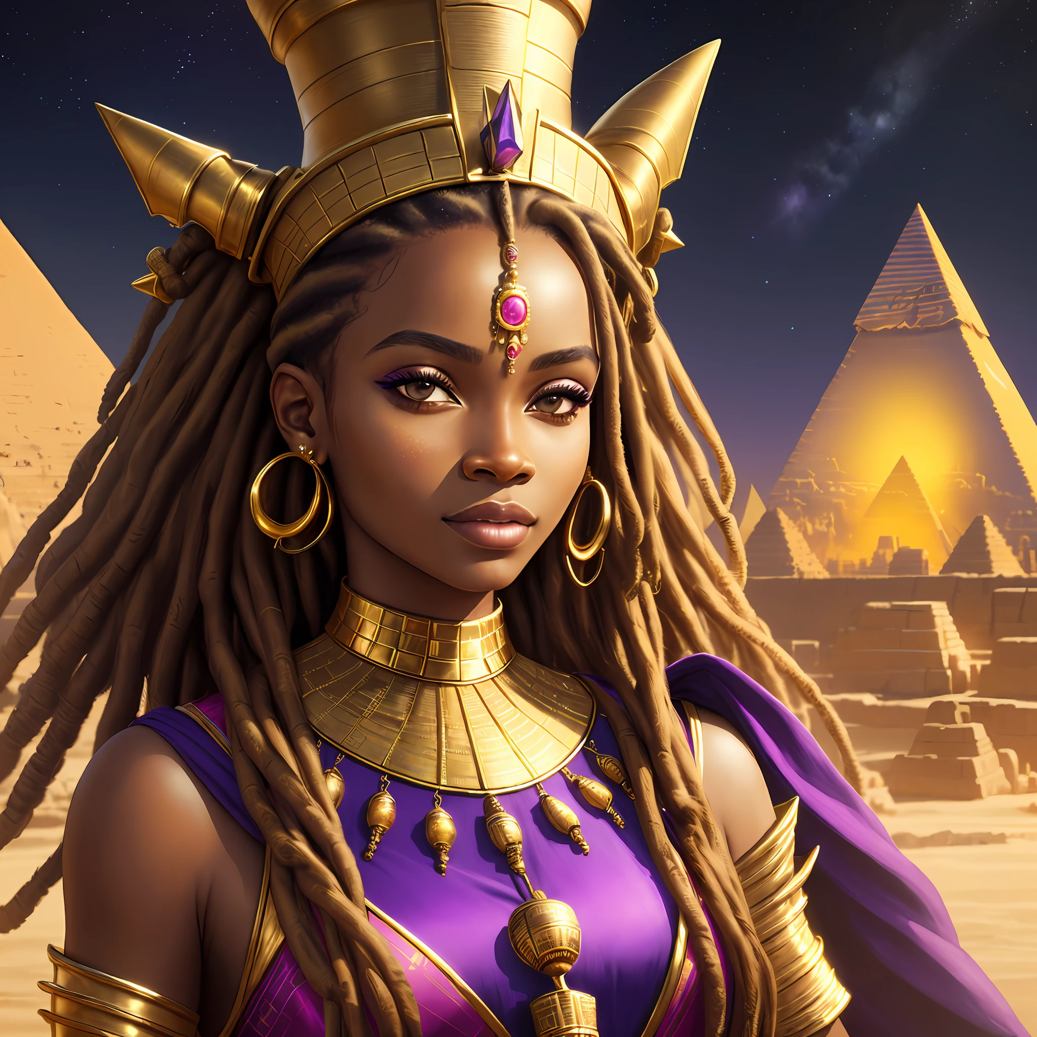 Realistic skin, (((masterpiece)))), realistic clothes, golden and purple clothing, face up close, African queen, futuristic egyptian clothes, pyramids with neon, night listen, realistic sky, stars, woman with dreads, gold, jewelry,