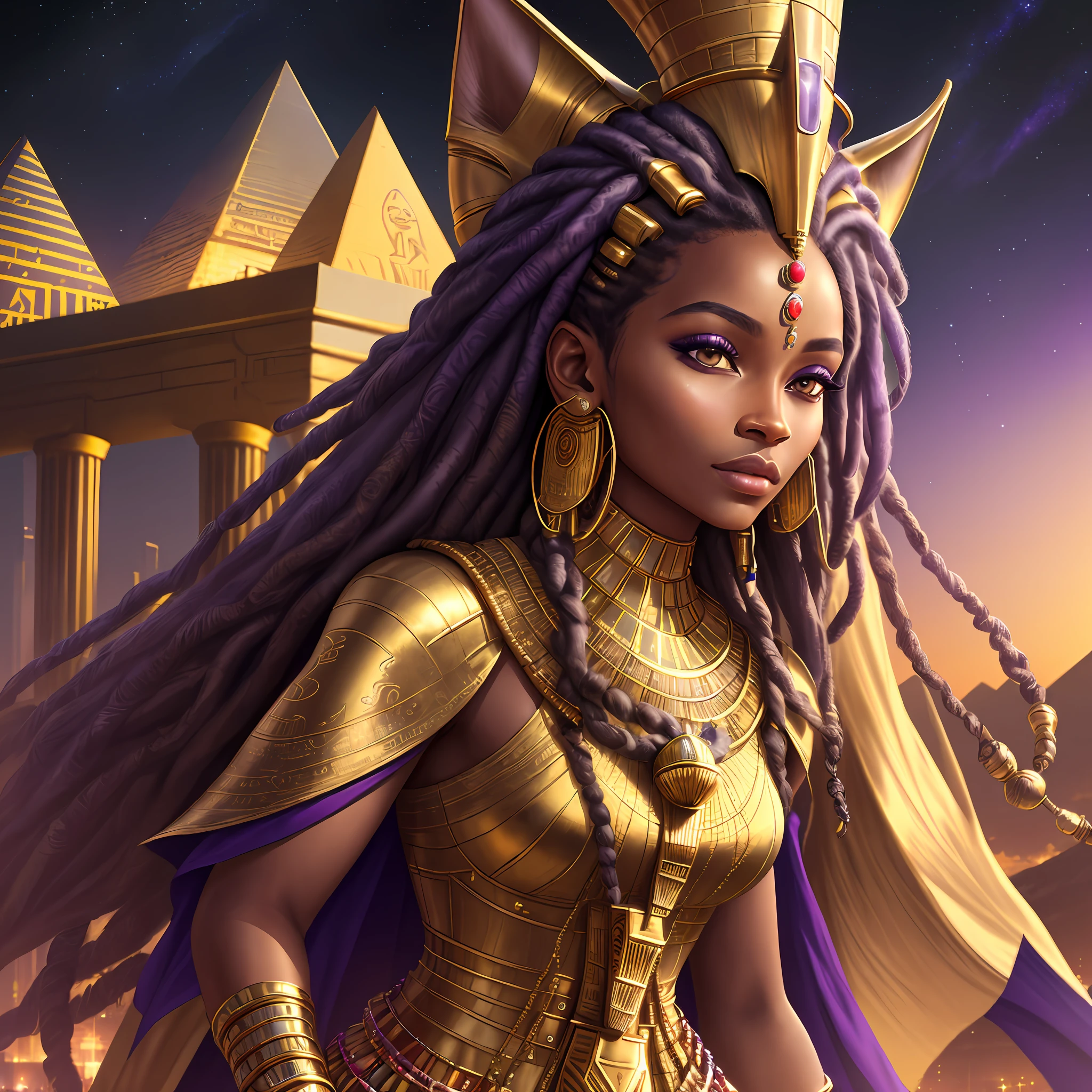 Realistic skin, (((masterpiece)))), realistic clothes, golden and purple clothing, face up close, African queen, futuristic egyptian clothes, pyramids with neon, night listen, realistic sky, stars, woman with dreads, gold, jewelry,
