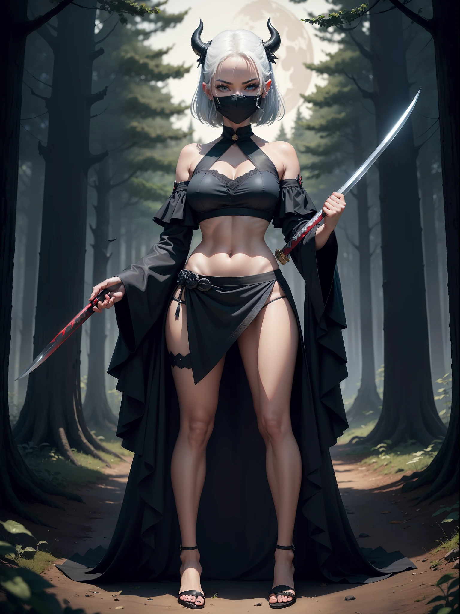 ((full body photo, standing, feet on the ground)), Luriana is very modern, (black with details in red/blouse), black skirt, well-defined body, she wears one (Oni mask with demonic face on her face), looking directly at the viewer, smiling, she is in a forest at night with full moon in the sky, she has (short white hair,  blue eyes), closed hand, closed fists, is holding a Katana., 16k, highres, award winning, best quality, super detail, super detail, textured skin, ccurate, UHD, masterpiece, anatomically correct