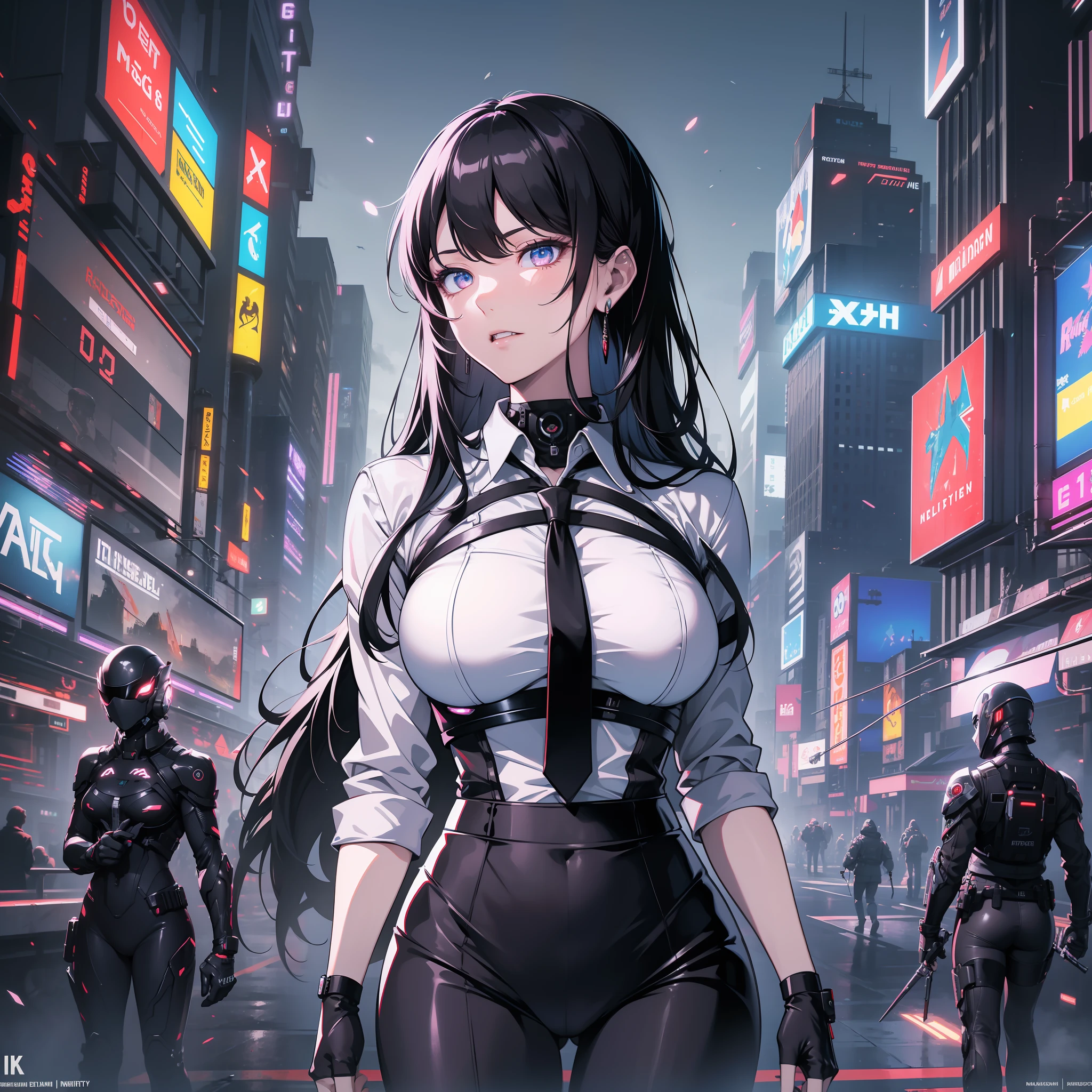 16K, HDR, RTX, raytracing, natural lighting, absurdres, best qaulity masterpiece, perfect anatomy, highly detailed face, detailed eyes, 1girl, solo, wearing black business suit, white shirt, top button open, long black hair, extreme beautiful, edgy, cool, evil aura, windy, glowing eyes, serious expressions, dystopian city, futuristic, detailed background, award winning, neon lights, trending on art station