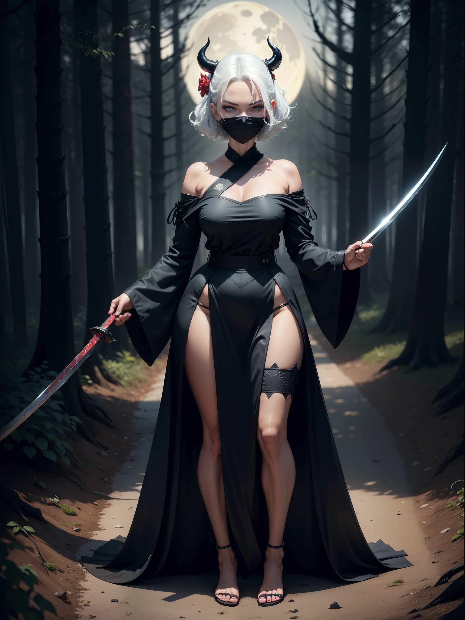 ((full body photo, standing, feet on the ground)), Luriana is very modern, (black with details in red/blouse), black skirt, well-defined body, she wears one (Oni mask with demonic face on her face), looking directly at the viewer, smiling, she is in a forest at night with full moon in the sky, she has (short white hair, blue eyes), closed hand, closed fists, is holding a Katana., 16k, highres, award winning, best quality, super detail, super detail, textured skin, ccurate, UHD, masterpiece, anatomically correct