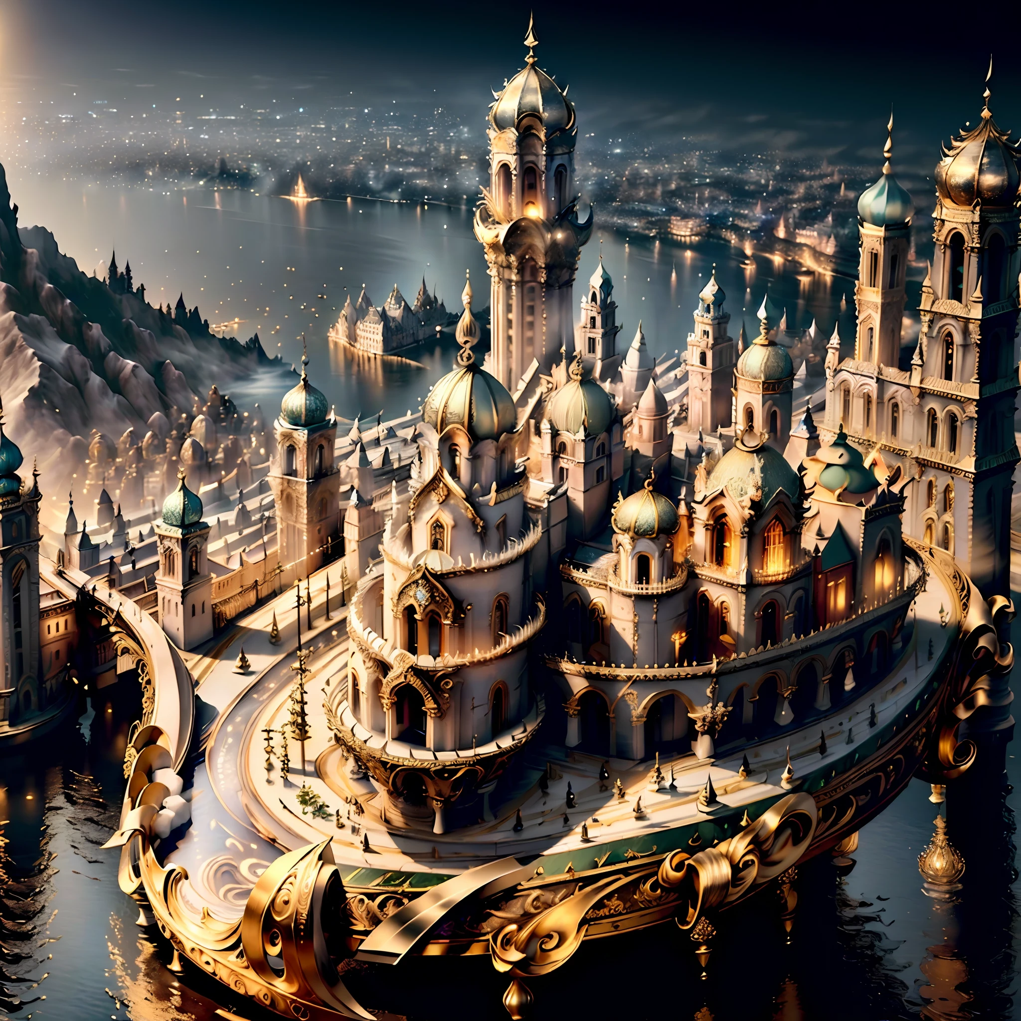 (((masterpiece)), IvoryGoldAI City at night, isometric, 3D rendering, very high definition, high detail, 8k, cinematic lighting, ultra high resolution, best quality, head