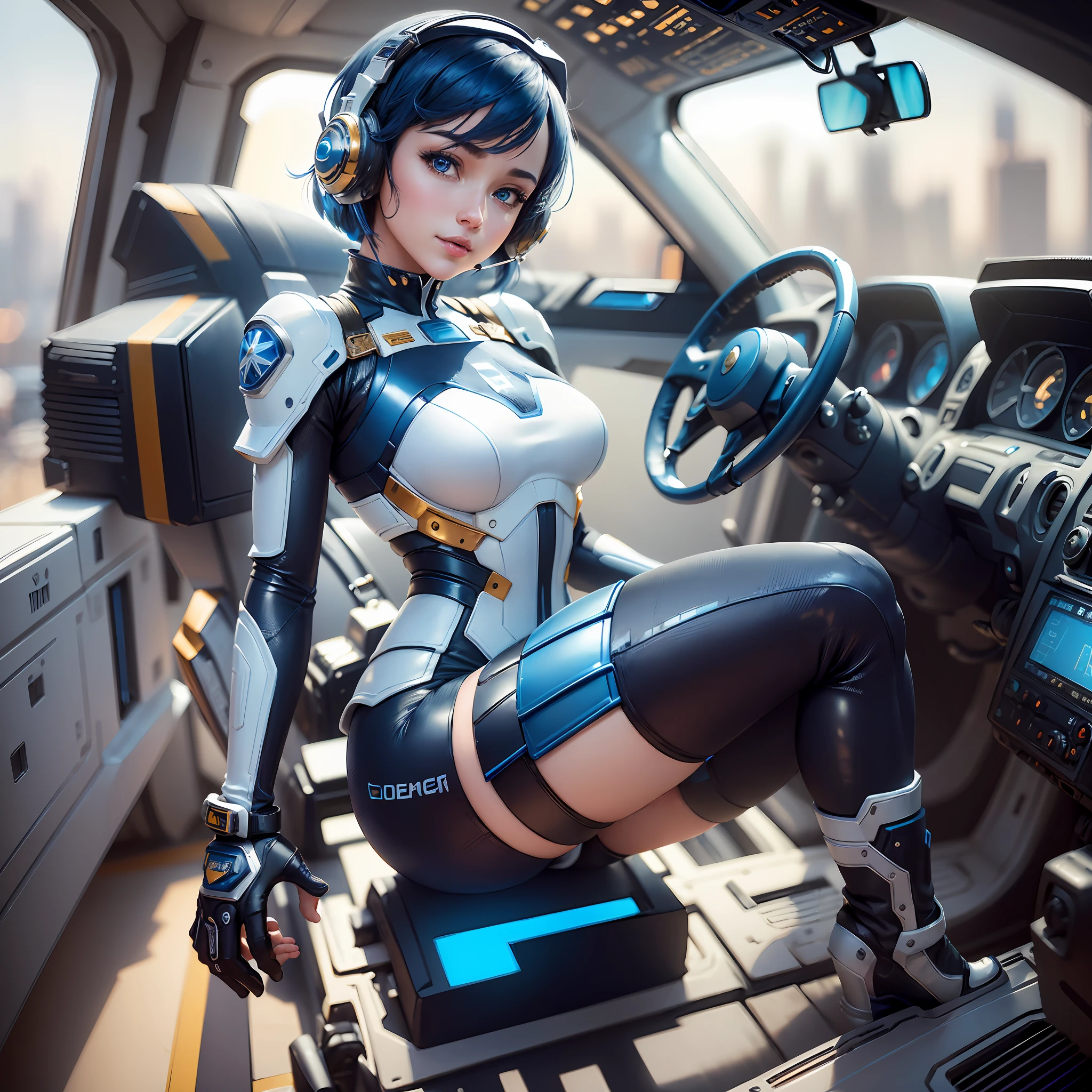 (masterpiece, top quality, distinct_image, very elaborate CG, detailed detail, (photorealistic: 1.4), high quality textures, fine-grained, realistic face expression): (Solo, lone girl, Japan face, blue haired girl, full body figure, watch viewer, bob cut, small size breasts, sparkling blue colored eyes, pilot suit in white and blue and black colors, tight Fitted clothes, clothes that cover the whole body, beauty, cuteness, slim body, exoskeleton, busy poses, dynamic angles, light on face, white and blue and black metal armor, heroine, detailed headset, boots, light smile, golden hour lighting, detailed cockpit of solo ride) --auto --s2