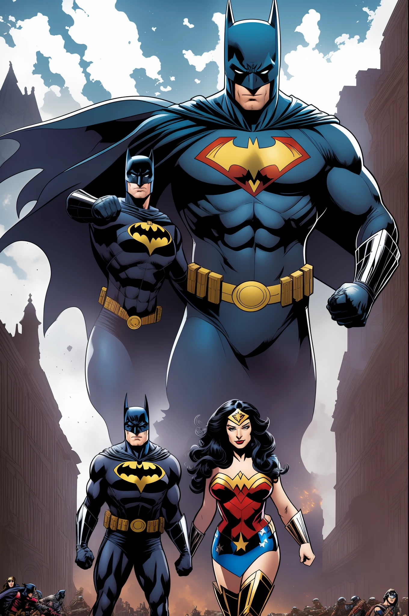 Batman and Wonder Woman have gone back in time and are in a World War II battle against Mr. Apocalypse who is blowing up the Bridges in Germany and laying explosive mines in the grounds near him, traces in the style of illustrator Jason Fabok, 64k, --auto --s2