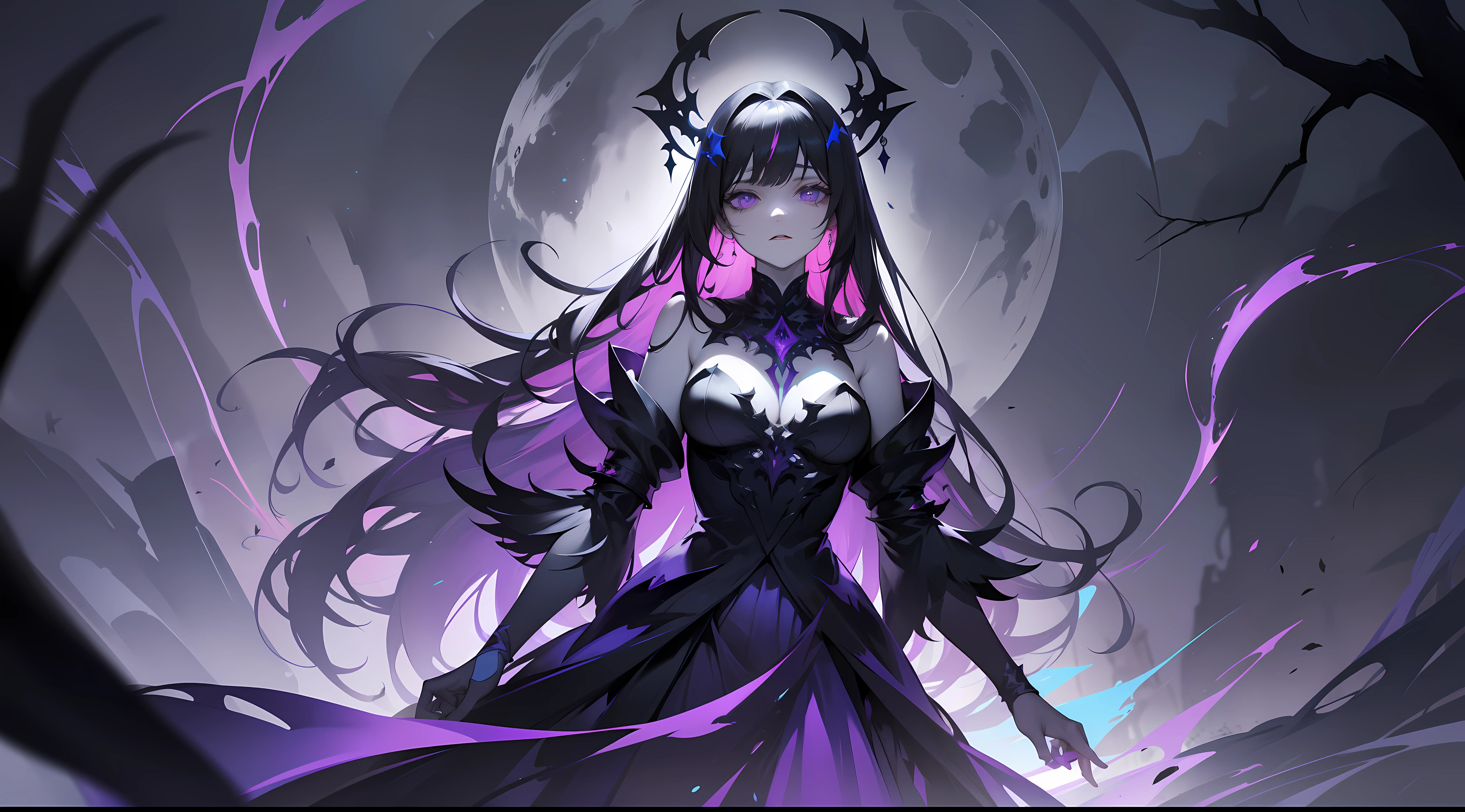 The Splash Art of Morana, the Priestess of Nightmares, is a dark and intriguing depiction of the champion, steeped in the essence of nightmares. The scene depicts the character in a nocturnal environment, shrouded in mist and shadows, evoking an atmosphere of fear and mystery.
Morana is portrayed as a slender, sinister figure with long black hair that cascades around her pale, scarred face. His eyes glow with a menacing shade of violet, emitting an otherworldly glow that contrasts with the darkness around him. She wears a long, flowing dress, a deep purple hue, that merges with the shadows, creating a sense of ethereal movement.
The champion displays an elegant but menacing posture. His hands are outstretched, as if conjuring up the horrors of nightmares. From the tips of his fingers, strands of dark energy intertwine and snake through the air, forming complex patterns reminiscent of the distorted images of nightmares. The aura of dark energy that surrounds her is tinged with shades of purple and blue, creating a dark and chilling atmosphere.
In the background of Splash Art, we can glimpse a surreal scenario, composed of distorted and disturbing landscapes. Gnarled trees stretch toward the night sky, with black, twisted leaves. The full moon hovers over the horizon, casting a faint and sinister light over the landscape. Unsettling shadows dance around Morana, creating a sense of restlessness and horror.
Splash Art's lighting is mostly composed of dark and cool tones, underscoring the dark and terrifying elements of the scene. Touches of intense colors, such as purple and deep blue, are used to highlight Morana's mystical and otherworldly presence, splashart, body lines, vibrant colors, exquisite detail, cinematic, artstation, detailed face, by rossdraws, by Kienan Lafferty