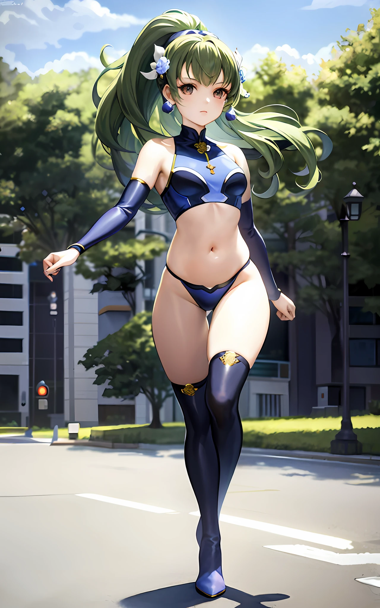 Masterpiece, top quality, Iori Fuyusaka 1, 1 girl, solo, (transparent bodysuit), hair flowers, hair ornaments, (exposed shoulders and thighs), exposed abdomen, plump body, long high ponytail hair, full body, green hair, long boots, gray eyes, looking at the viewer, very detailed urban background, (ulzzang-6500: 0.8)