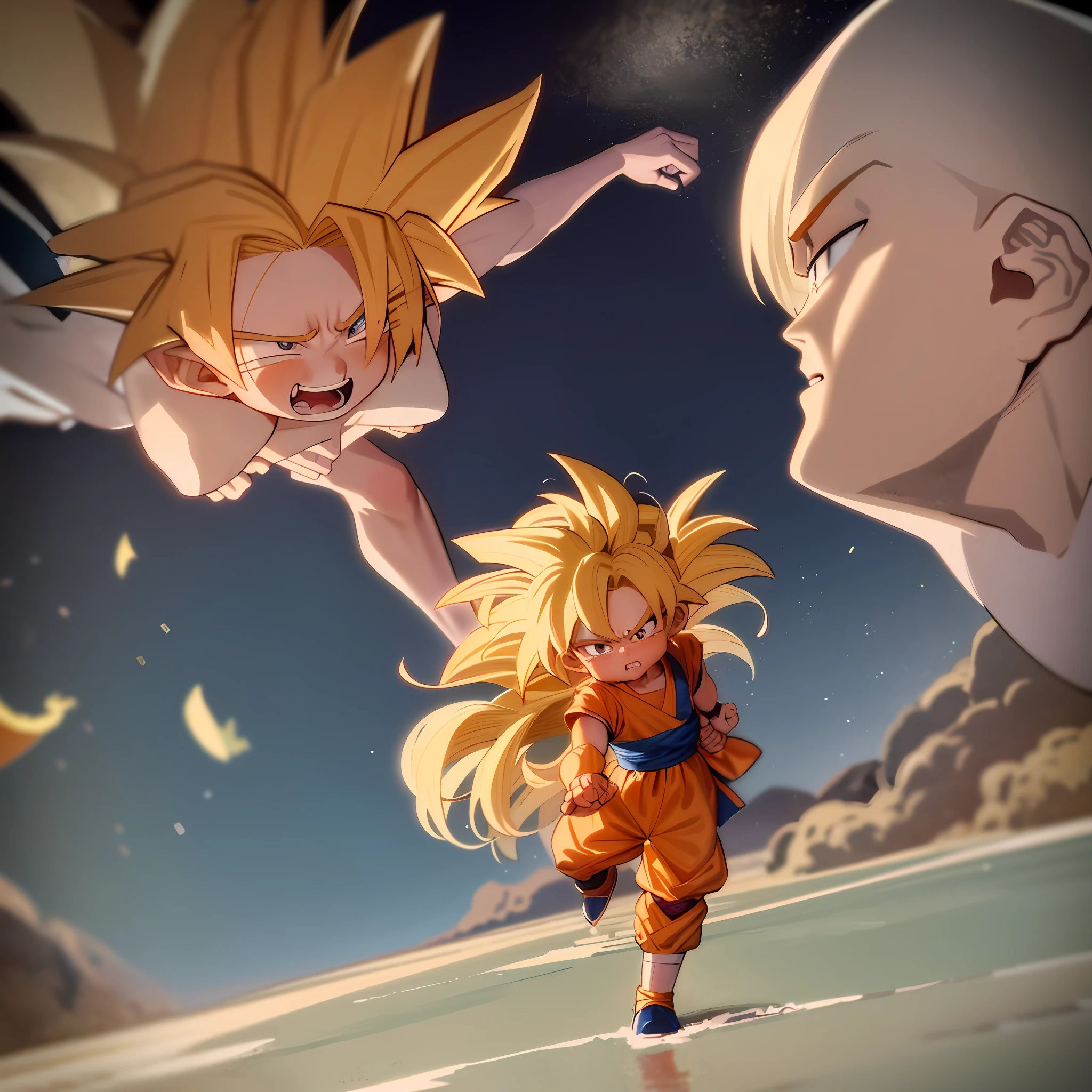 Goku, Dragon ball, anime, blonde hair, battle pose, 4k, 8k, maximum quality, holding with both hands his dead son, crying, sad scene, rain in the sky, face in rage, dead body of child in his arms, yellow particles, hug, scream of pain, destruction around, Akira Toryama, manga style