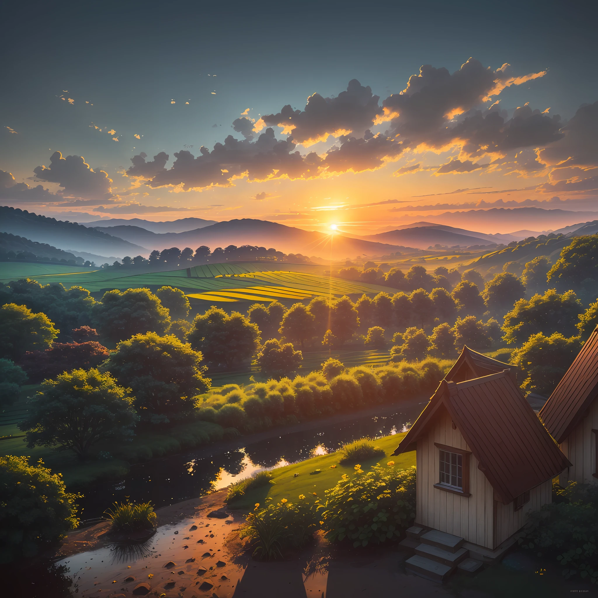 A captivating photograph capturing the serenity of an evening sunset, where the calmness of nature is highlighted. Shot with a 35mm lens, the art form chosen for this image is photography. The scene features a tranquil countryside with small houses nestled amidst picturesque landscapes, surrounded by vibrant flora. The color temperature exudes warm hues, evoking a sense of comfort and peace. The subjects in the image, with serene expressions, are engaged in leisurely activities, relishing the beauty of the surroundings. The lighting accentuates the softness of the evening sun, casting long shadows and adding depth to the scene. --v 5 --stylize 1000 --auto --s2