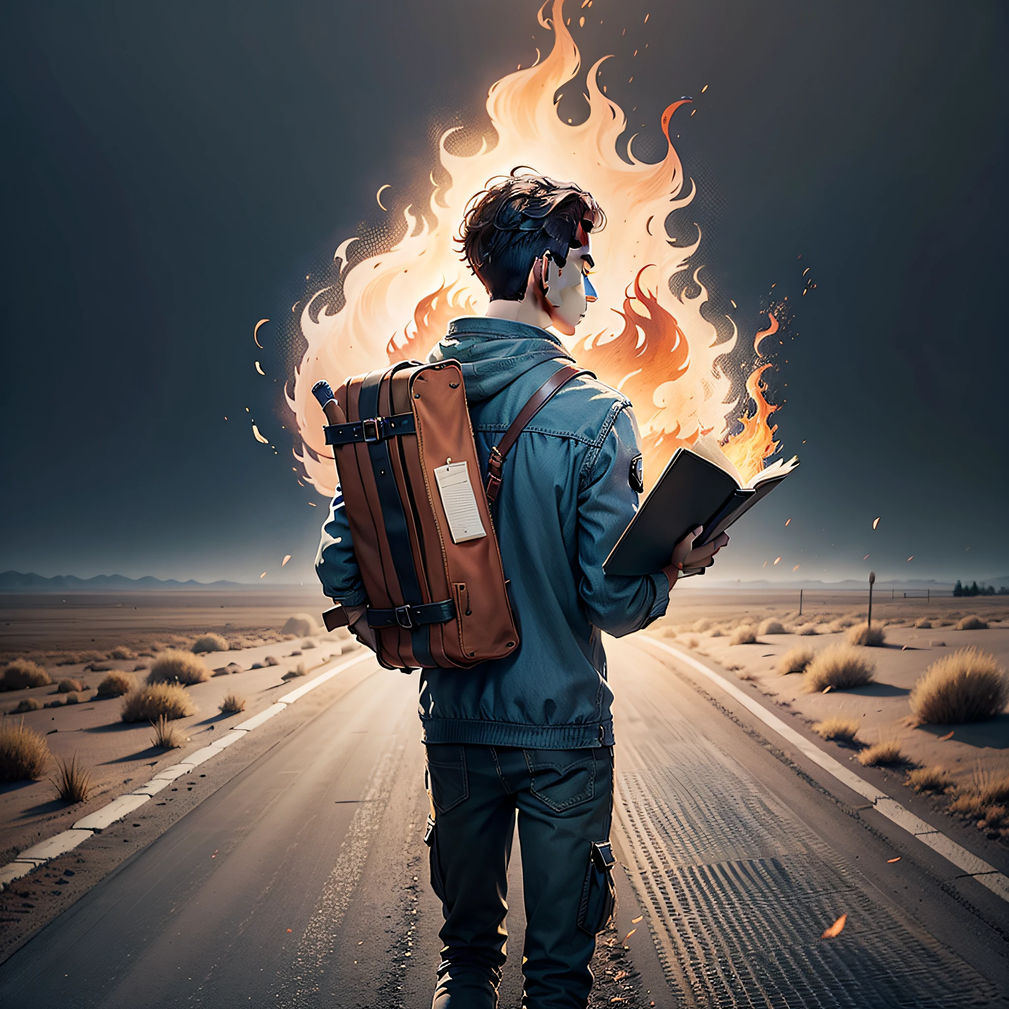 YOUNG MAN LEADING THE BIBLE ON A PATH, AND A FLAME FOLLOWING HIM --auto --s2