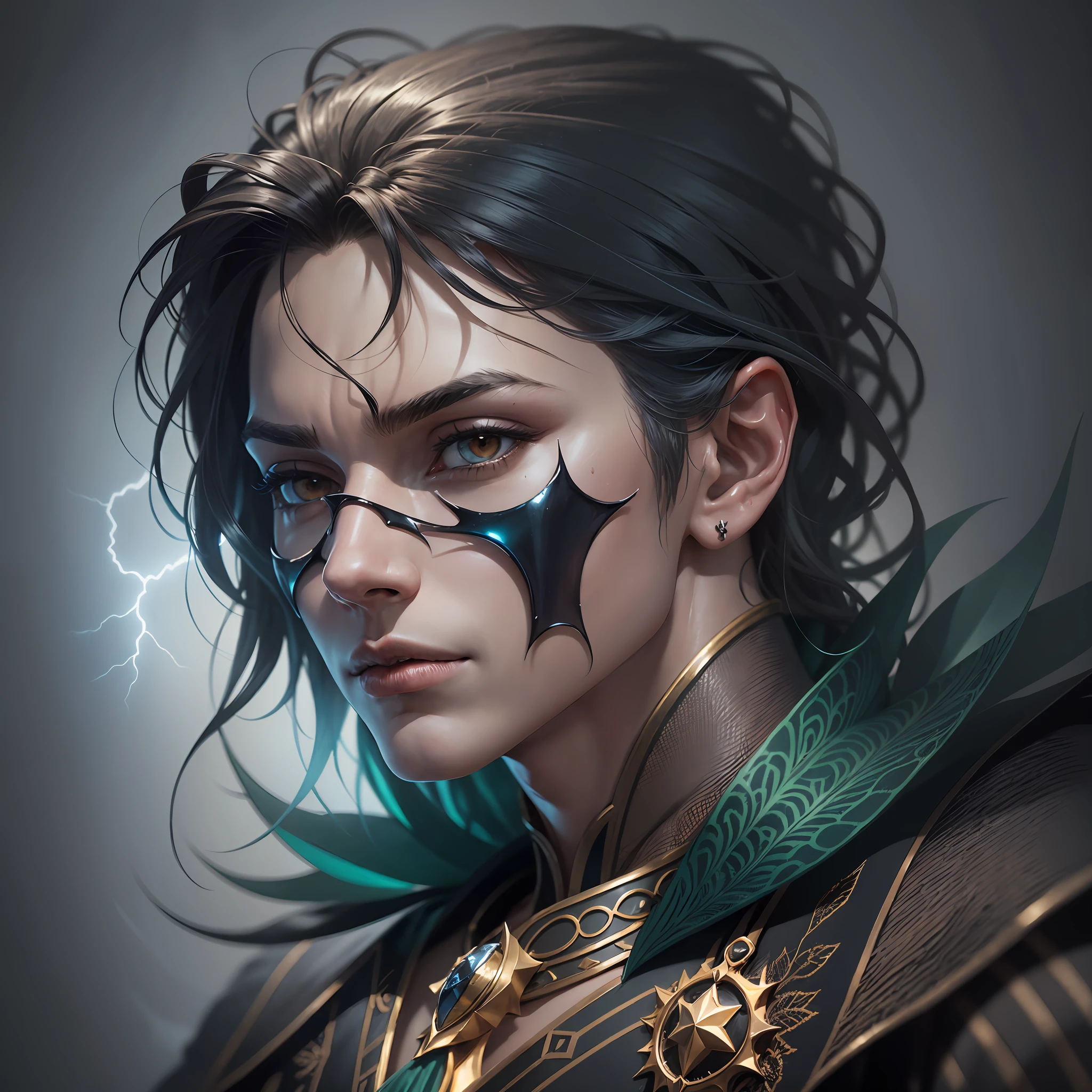 Surrealist Portrait: Create a portrait of a male character by mixing realistic and surreal elements. For example, you can combine the human face with elements of animals, plants or inanimate objects.front focus), (in the dark:1.6), portrait, fantasy art, realistic photo, dynamic lighting, artstation, poster, volumetric lighting, very detailed faces, 4 k, award-winning --auto --s2