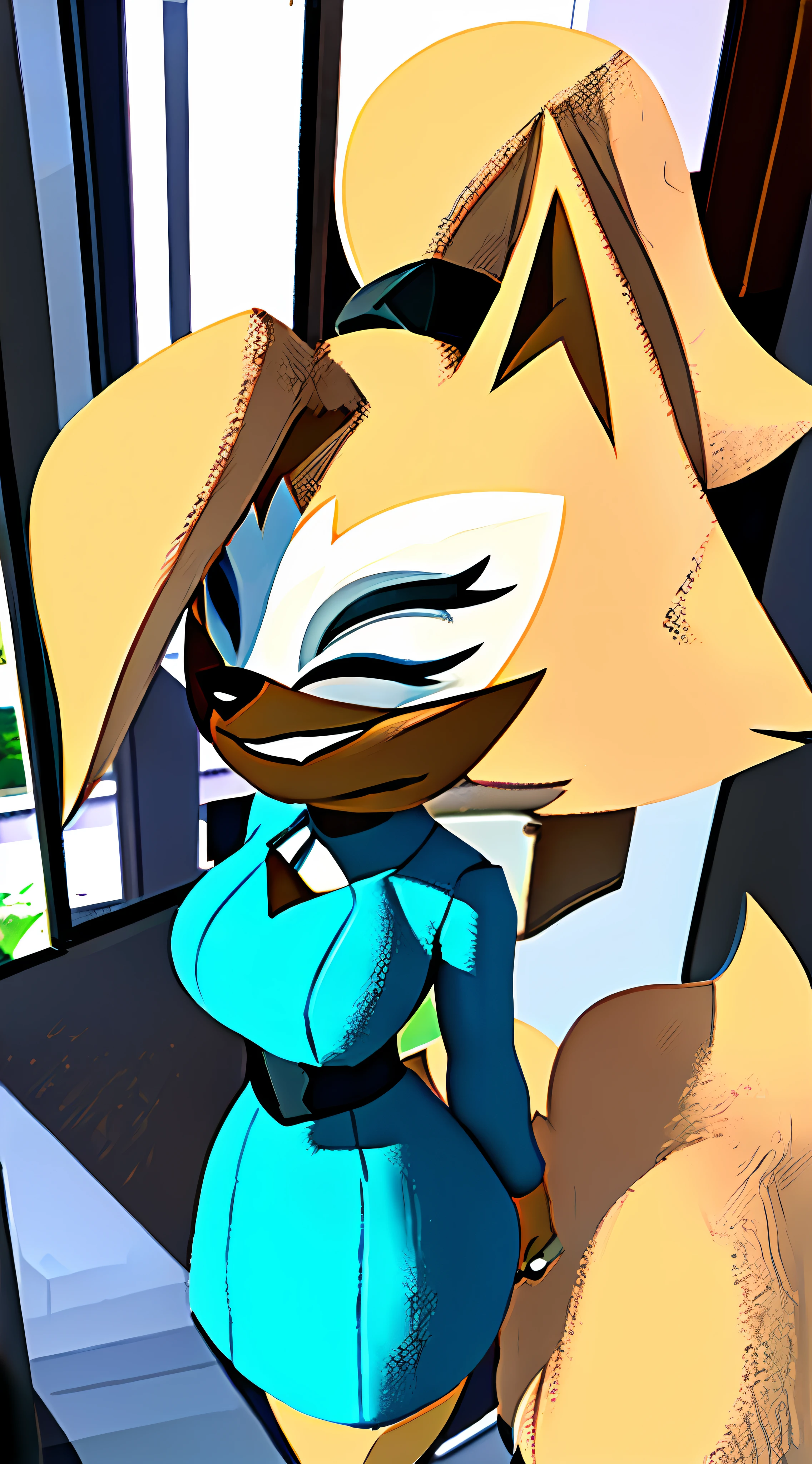 Whisper the wolf, tall, giant breasts, huge ass, small waist, blue dress with front cutout, black high heels, she is in a bedroom with a sliding glass door leading to a porch, she is facing toward the glass door, best smile, best teeth, masterpiece, soft lighting, very detailed, detailed background, field of view, intricate details, pastel