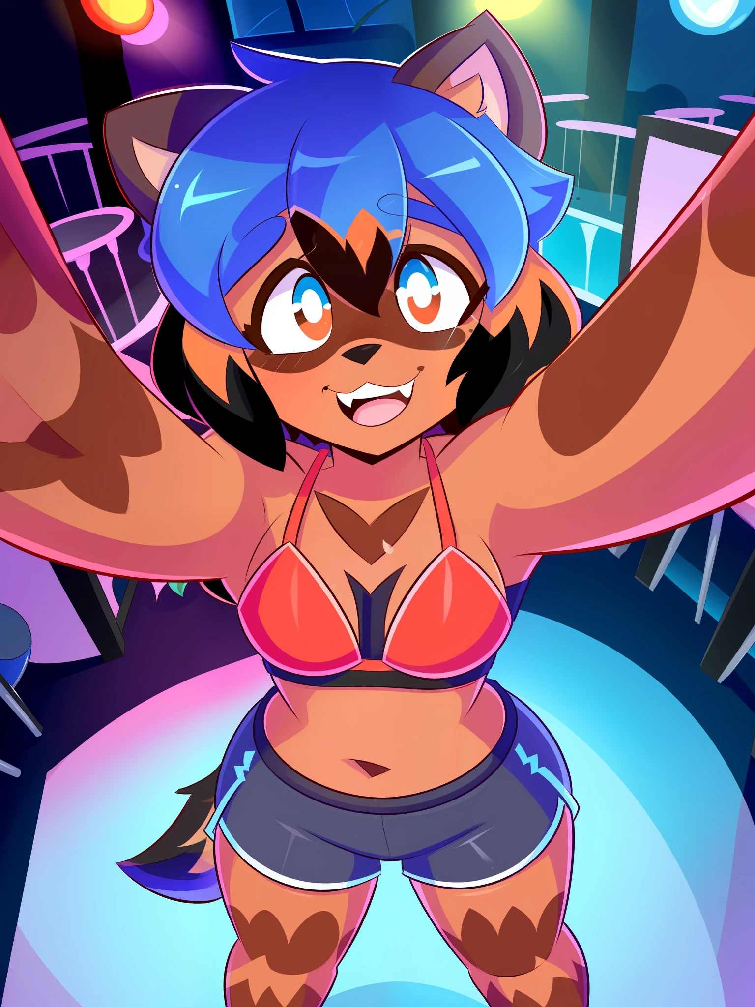 By Kilinah, (Coffeesoda:1.1), Hioshiru, Kilinah, Furry, Michhiru Kagemori, Anthro, Female, Solo, Nightclub, Suggestive Dance, Mocking Look, Party, Red Bikini, Tight Blue Shorts, View from Above, Selfie