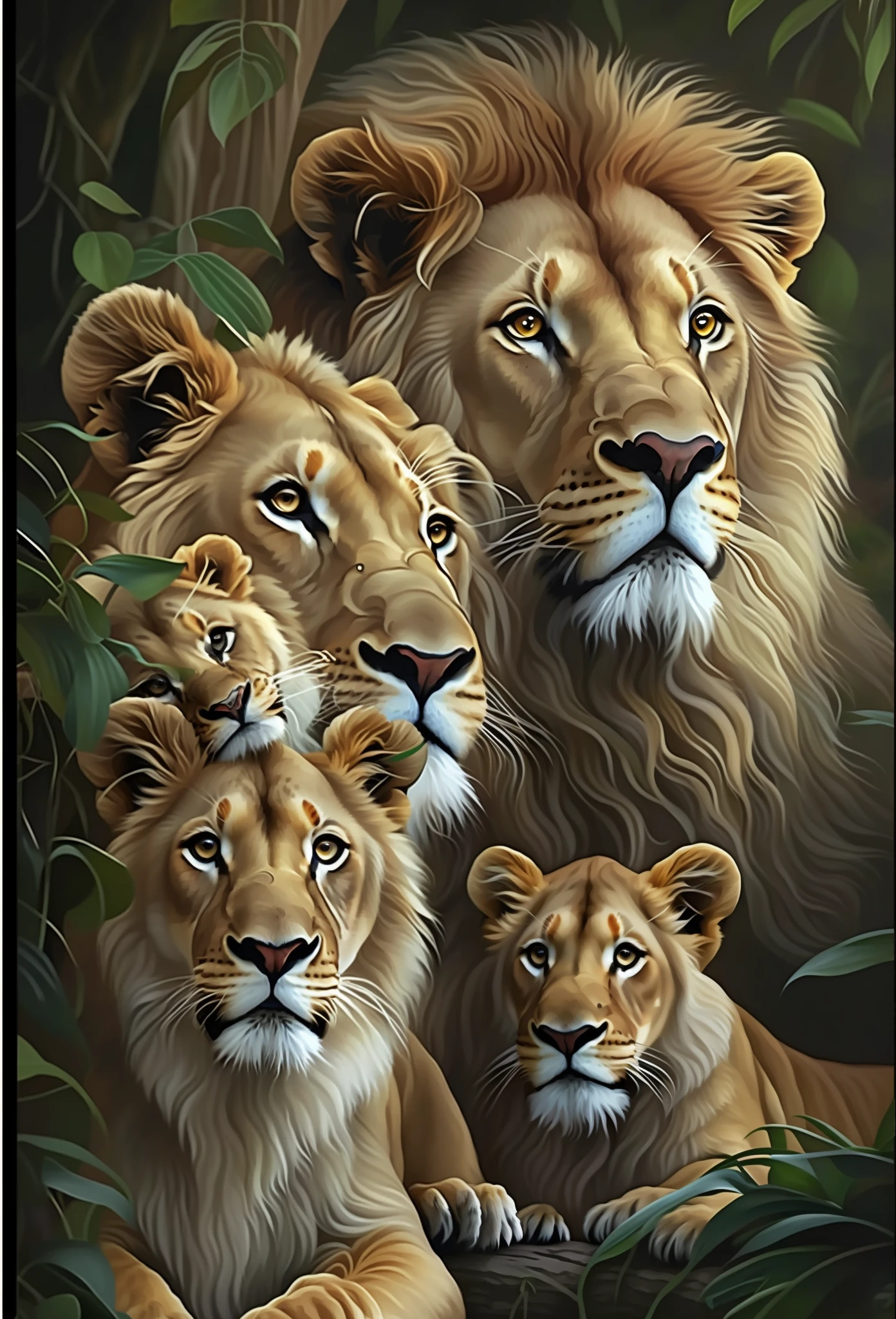 a painting of three lions and a cub in the jungle, family portrait, detailed beautiful animals, lions, by Howard Lyon, amazing art, majesty, majestic painting, animal painting, by László Balogh, majestic!!! beautiful!!!, beautiful, by Joe Jusko, beautiful art, queen of the jungle, lioness, proud looking, trending ，