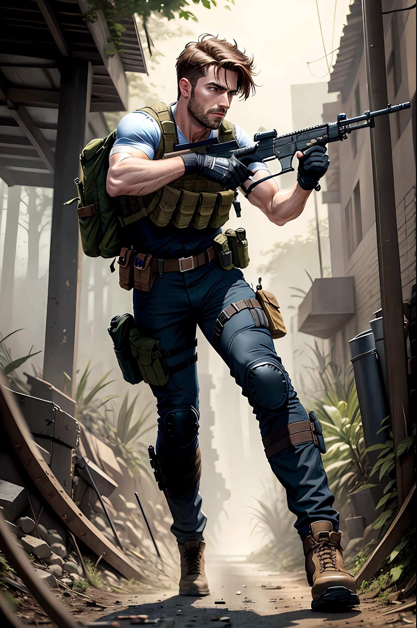 boots, british male, full body, aiming and firing a mp5k, submachine gun, gun, weapon, knee pads, male focus, military, blue military uniform, pouch, brown hair, clean-shaven, solo, assault vest, drop-down pistol holster, jungle background, battle, tanks, explosions, gritty war-torn atmosphere, black ops,