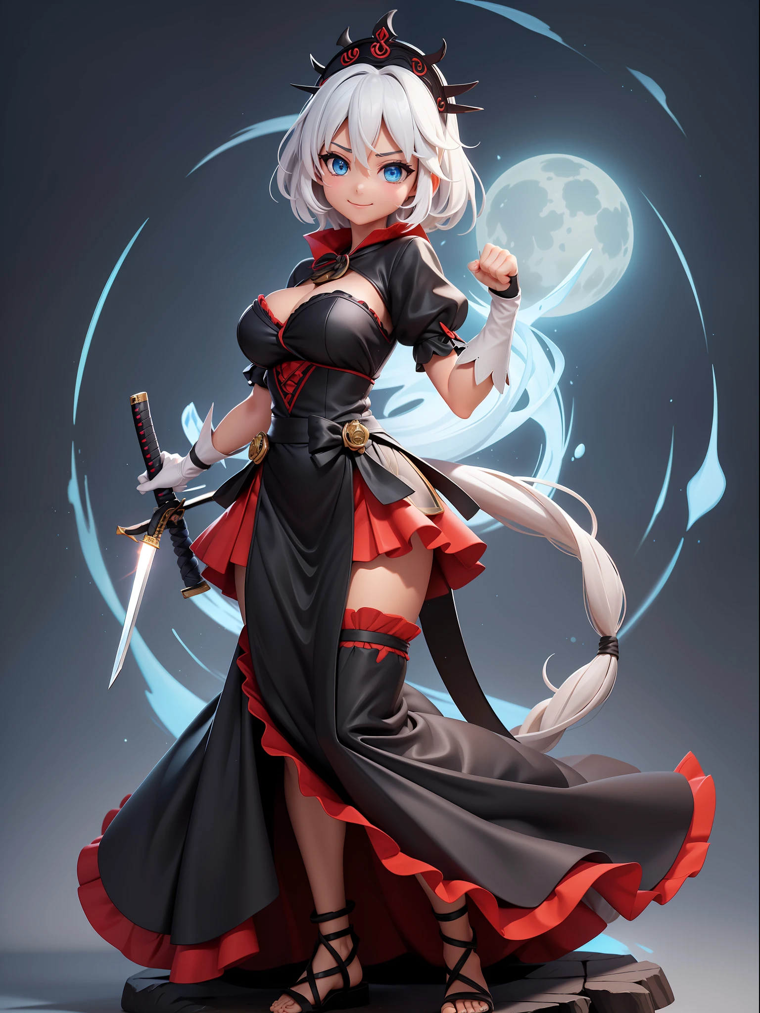 ((full body photo, standing, feet on the ground)), Luriana , has very large breasts, (black with details in red / maid costume, maid headdress), black skirt, well defined body, she wears one (Oni mask), looking directly at the viewer, smiling, she is in a forest at night with full moon in the sky, she has (short white hair,  blue eyes), closed hand, closed fists, is holding a Katana., 16k, highres, award winning, best quality, super detail, super detail, textured skin, ccurate, UHD, masterpiece, anatomically correct