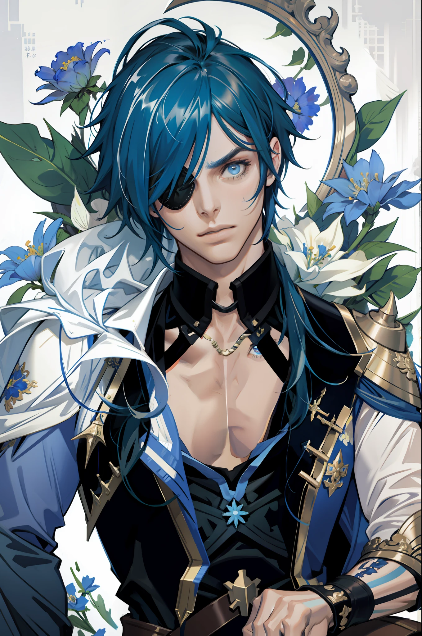 (masterpiece, best quality), 1 male, mature, aged up:1.4, tall muscular guy, broad shoulders, finely detailed eyes and detailed face, extremely detailed CG unity 8k wallpaper, intricate details, Fantasy, blue hair, eyepatch on right eye, blue flowers background