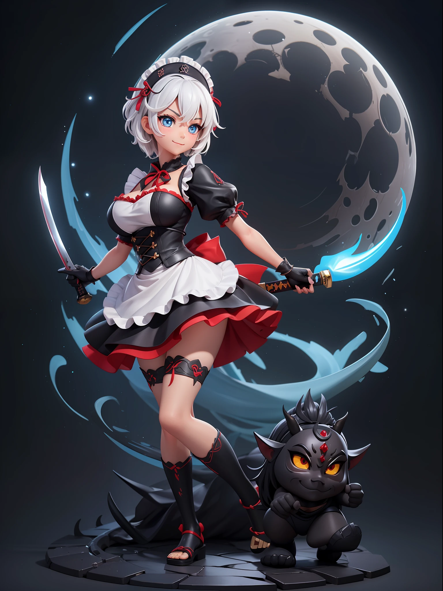 ((full body photo, standing, feet on the ground)), Luriana , has very large breasts, (black with details in red / maid costume, maid headdress), black skirt, well defined body, she wears one (Oni mask), looking directly at the viewer, smiling, she is in a forest at night with full moon in the sky, she has (short white hair, blue eyes), closed hand, closed fists, is holding a Katana., 16k, highres, award winning, best quality, super detail, super detail, textured skin, ccurate, UHD, masterpiece, anatomically correct