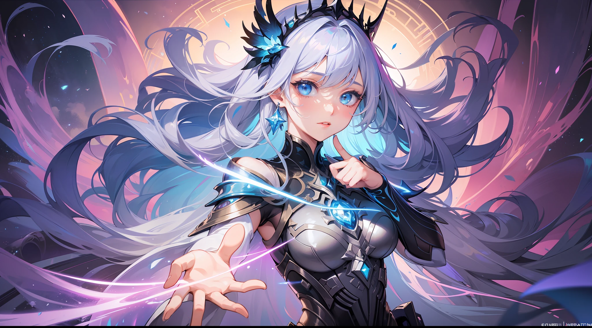 The Splash Art of Astrid, the Guardian of the Portals, is a dazzling and enigmatic sight that captures the essence of the champion's dimensional manipulation. The scene depicts Astrid in an interdimensional space, filled with vibrant, complex portals that intertwine and stretch around her.
Astrid is depicted as an elegant and mysterious figure. Her long, silvery hair falls in gentle waves and floats around her face, emitting a soft luminescence. His eyes, of a bright golden hue, convey wisdom and a deep knowledge of dimensional secrets. She wears iridescent armor, adorned with mystical symbols and intertwined runes, which seem to pulsate with cosmic energy.
Astrid is positioned in the center of the composition, her arms outstretched and her palms facing upwards, emanating an ethereal energy. From your hands, rays of light and glowing particles radiate, creating complex geometric patterns that envelop the portals around you. The portals are represented as multicolored openings for different dimensions, each with its own aesthetic and atmosphere.
Each portal is unique and displays surreal and exotic landscapes. Some show futuristic landscapes with gleaming skyscrapers and advanced technology, while others reveal fantastical backdrops with enchanted forests and magical creatures. Through the portals, it is possible to glimpse visions of other realities, revealing the vastness of Astrid's power.
Splash Art's lighting is stunning, with a mix of vibrant, bright colors emanating from the portals and Astrid's aura. Shades of blue, purple, gold and silver dominate the scene, creating a sense of wonder and mystery, splashart, body lines, vibrant colors, exquisite details, cinematic, artstation, detailed face, by rossdraws, by Kienan Lafferty