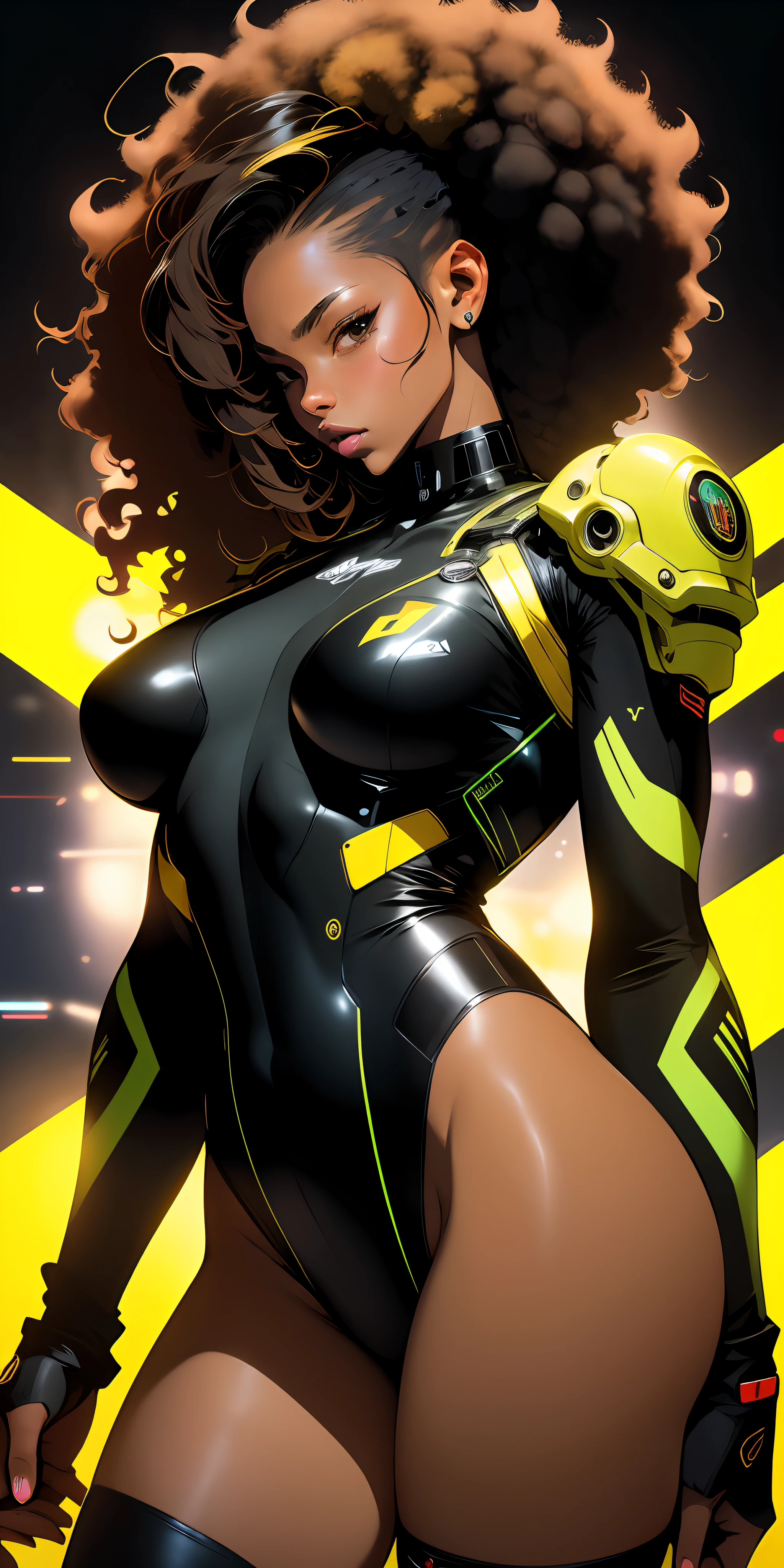 ((Best quality)), ((masterpiece)), (detailed: 1.4), (Absurd), Fighter pilot black woman ready for war, very fleshy mouth, defined muscular sculptural body, half thick naked thighs, closed mouth, very tanned and shiny skin, only in panties, muscular body covered by technological clothing, Neon Genesis Evangelion style, cyberpunk, generous neckline, ((perfect large breasts)), (brown eyes without pupils), ((black, dark green and yellow clothing)), (((clothing based on the South African flag)))), (((full afro hair))), ((leopard pattern on arms)), long eyelashes, short underwear, garter belt, skin glove and leopard claws, by mucha, niji --V5, close to real, psychopathic, crazy face, sexy pose, background with a giant Gundam-style robot head, 2 piece clothing, shoulder pads, airplane wings on the back, pastel, centered, scale to fit dimensions, HDR (High Dynamic Range),Ray Tracing,NVIDIA RTX,Super-Resolution,Unreal 5,Subsurface dispersion, PBR texture, Post-processing, Anisotropic filtering, Depth of field, Maximum clarity and sharpness, Multilayer textures, Albedo and specular maps, Surface shading, Accurate simulation of light-material interaction, Perfect proportions, Octane Render, Two-tone lighting, Wide aperture, Low ISO, White balance, Rule of thirds, 8K RAW, crysisnanosuit