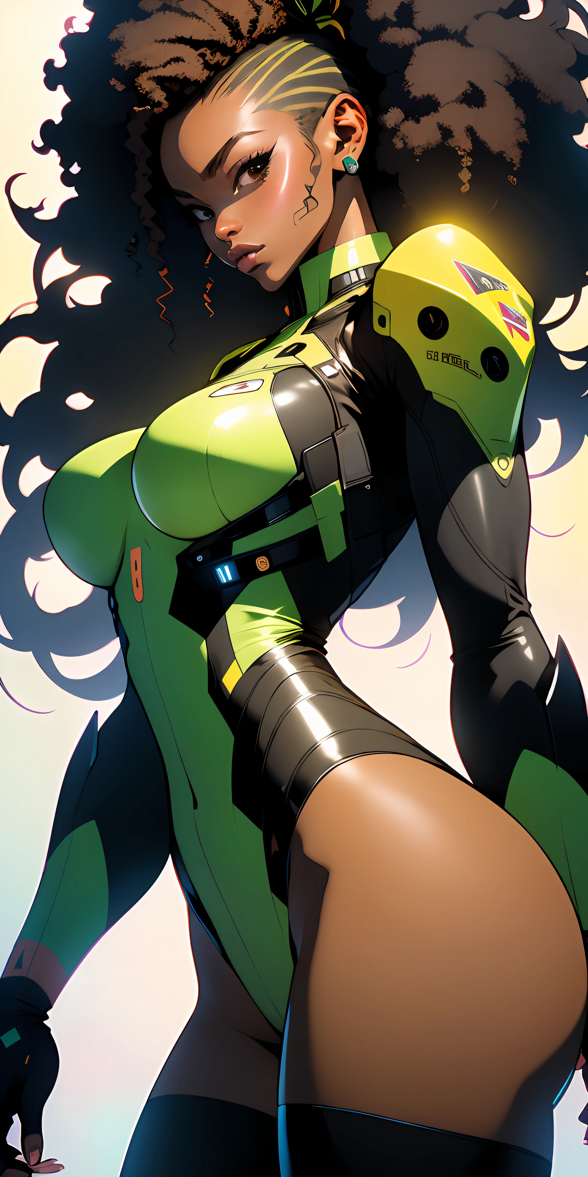 ((Best quality)), ((masterpiece)), (detailed: 1.4), (Absurd), Fighter pilot black woman ready for war, very fleshy mouth, back, perfect ass, muscular sculptural body defined, half thick naked thighs, closed mouth, very tanned and shiny skin, only in panties, muscular body covered by technological clothing, Neon Genesis Evangelion style, cyberpunk, generous neckline, ((perfect large breasts)), (brown eyes without pupils), ((black, dark green and yellow clothing)), (((clothing based on the South Africa flag)))), (((full afro hair))), ((leopard pattern on the arms)), long eyelashes, short underwear, garter belt, skin glove and leopard claws, by mucha, niji --V5, close to real, psychopathic, crazy face, sexy pose, background with a giant Gundam-style robot head, 2 piece clothing, shoulder pads, airplane wings on the back, pastel, centered, scale to fit dimensions, HDR (High Dynamic Range),Ray Tracing,NVIDIA RTX,Super-Resolution,Unreal 5,Subsurface dispersion, PBR texture, Post-processing, Anisotropic filtering, Depth of field, Maximum clarity and sharpness, Multilayer textures, Albedo and specular maps, Surface shading, Accurate simulation of light-material interaction, Perfect proportions, Octane Render, Two-tone lighting, Wide aperture, Low ISO, White balance, Rule of thirds, 8K RAW, crysisnanosuit