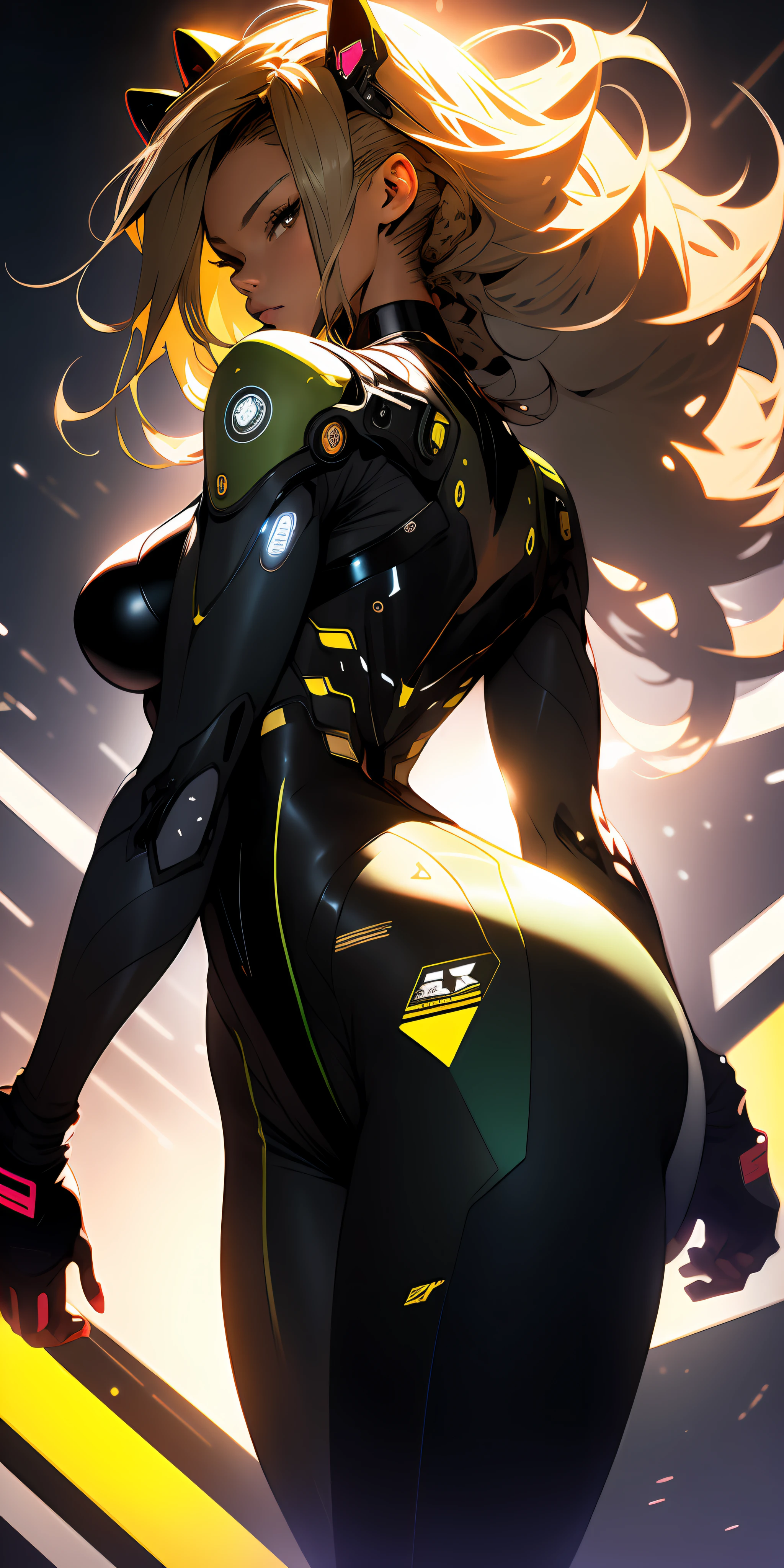 ((Best quality)), ((masterpiece)), (detailed: 1.4), (Absurd), Fighter pilot black woman ready for war, very fleshy mouth, back, perfect ass, muscular sculptural body defined, half thick naked thighs, closed mouth, very tanned and shiny skin, only in panties, muscular body covered by technological clothing, Neon Genesis Evangelion style, cyberpunk, generous neckline, ((perfect large breasts)), (brown eyes without pupils), ((black, dark green and yellow clothing)), (((clothing based on the South Africa flag)))), (((full afro hair))), ((leopard pattern on the arms)), long eyelashes, short underwear, garter belt, skin glove and leopard claws, by mucha, niji --V5, close to real, psychopathic, crazy face, sexy pose, background with a giant Gundam-style robot head, 2 piece clothing, shoulder pads, airplane wings on the back, pastel, centered, scale to fit dimensions, HDR (High Dynamic Range),Ray Tracing,NVIDIA RTX,Super-Resolution,Unreal 5,Subsurface dispersion, PBR texture, Post-processing, Anisotropic filtering, Depth of field, Maximum clarity and sharpness, Multilayer textures, Albedo and specular maps, Surface shading, Accurate simulation of light-material interaction, Perfect proportions, Octane Render, Two-tone lighting, Wide aperture, Low ISO, White balance, Rule of thirds, 8K RAW, crysisnanosuit