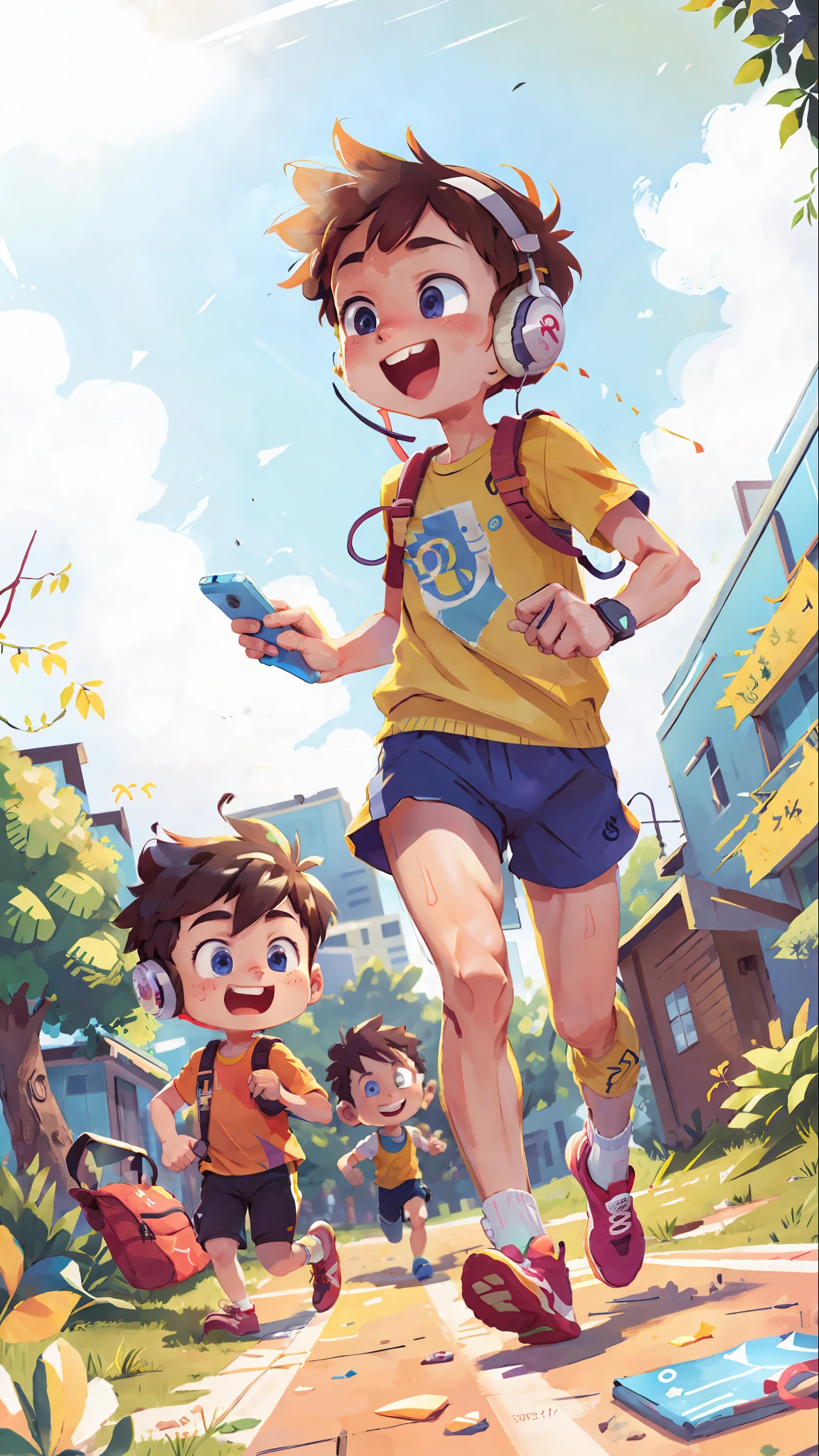 (SFW), two running boys, campus, holding a cell phone, with headphones, happy, happy, perfect quality, clear focus, colorful, perfect face, intricate details, ultra-low viewing angle, wide angle lens --v 6