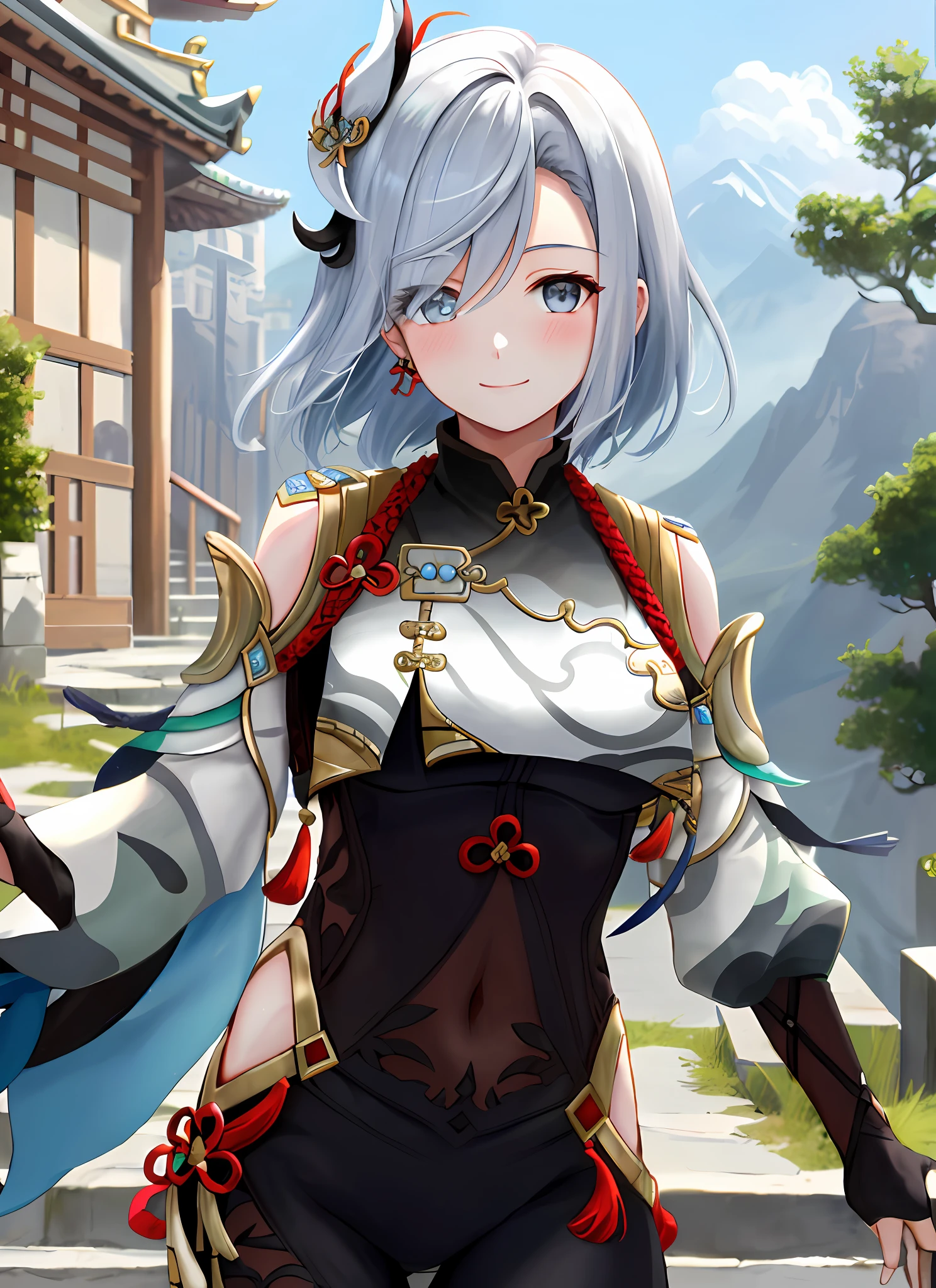 shenhedef, upper body, smile, blush, outdoors, day, simple background, blue sky, short hair, sky, temple, looking at viewer, stairs, mountain, moody lighting,