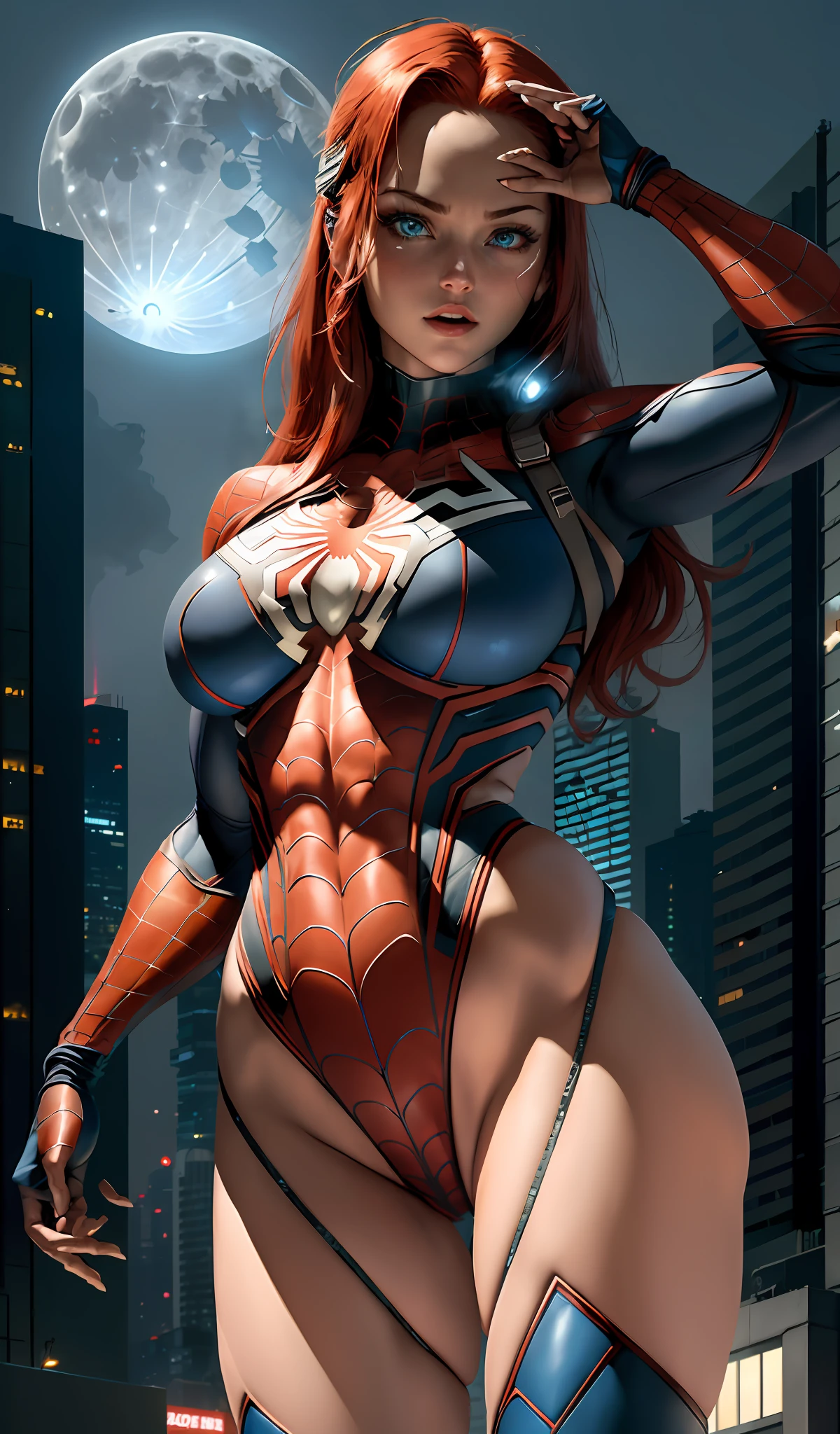 (Masterpiece, 4k resolution, ultra-realistic, very detailed), (White superhero theme, charismatic, there is a girl at the top of the cyberpunk city, neon, neon signs, wearing a venom costume, she is a superheroine), [ ((gorgeous), (long red hair: 1.2), (big breasts in deep neckline: 1.2), whole body, (blue eyes: 1.2), ((dynamic Spider-Man pose), show of strength,  jump from one building to another), ((cyberpunk urban environment):0.8)| (cityscape, night, dynamic lights), (full moon))], (beautiful hands, beautiful fingers, well drawn hands, delicate hand), naked, big breast , string,