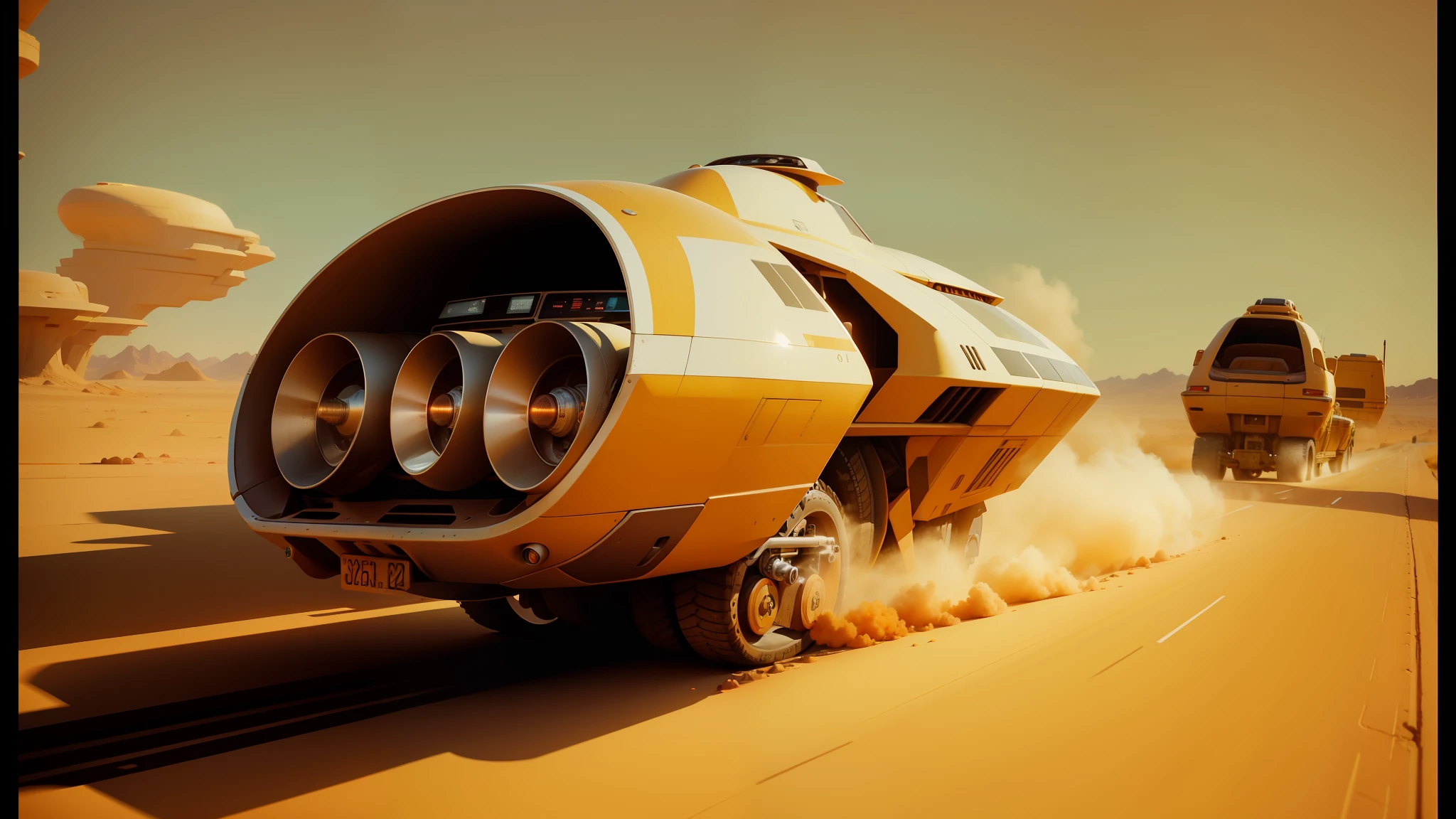 there are two vehicles that are driving on a desert road, syd mead color scheme, on a canva, lucasfilm - c 1 0, ishowspeed, inspired by Dirck van der Lisse, still image from tv series, computer render, blazing engines, ( ( mads berg ) ), orange color, winamp skin, darren quach --ar 16:9 --auto --s2