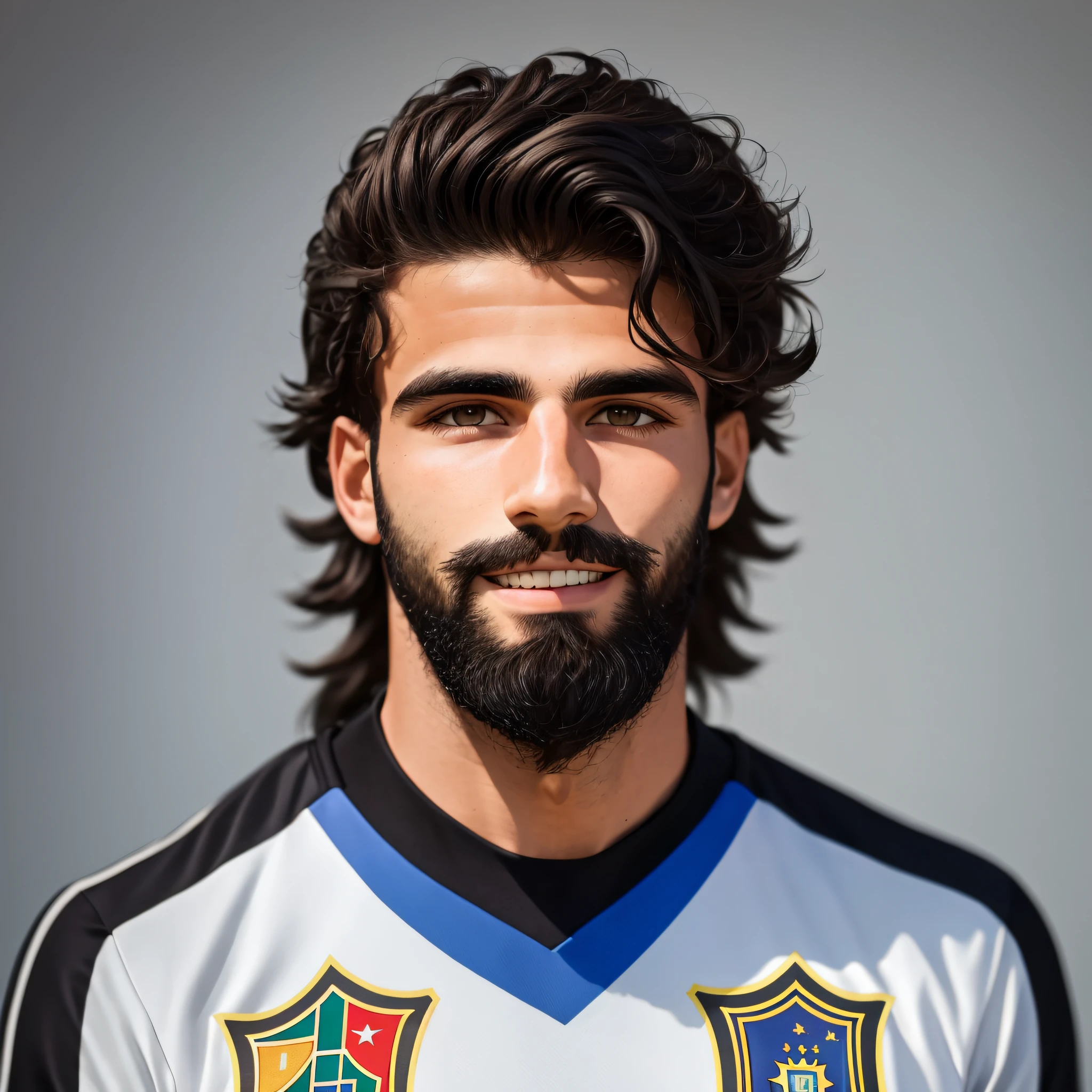 85mm DSLR colour photography of a very detailed headshot fitting all of head and hair in frame. 24 year old portuguese soccer player, with dark hair and a black beard with a small smile, grey background --auto --s2
