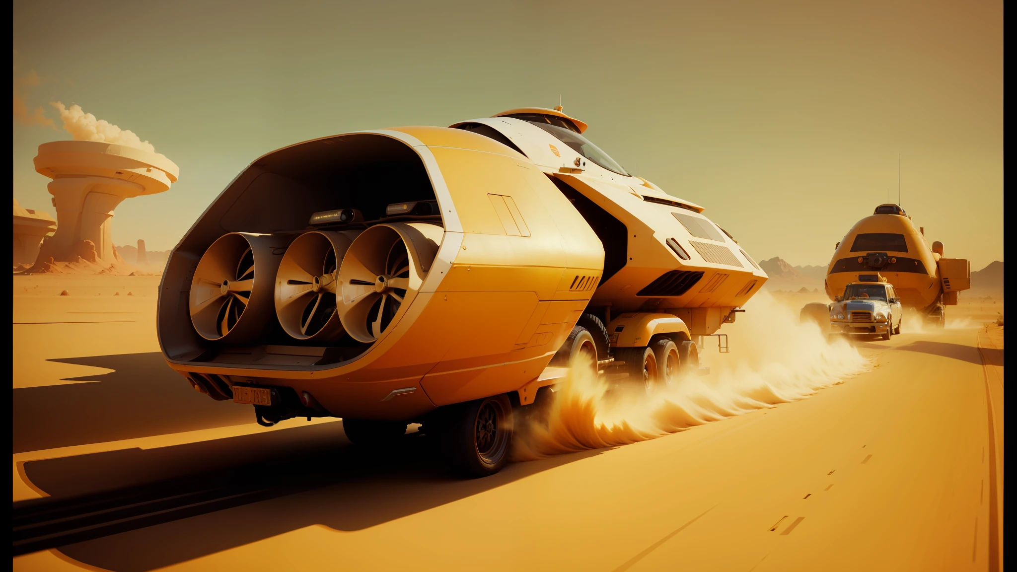 there are two vehicles that are driving on a desert road, syd mead color scheme, on a canva, lucasfilm - c 1 0, ishowspeed, inspired by Dirck van der Lisse, still image from tv series, computer render, blazing engines, ( ( mads berg ) ), orange color, winamp skin, darren quach --ar 16:9 --auto --s2