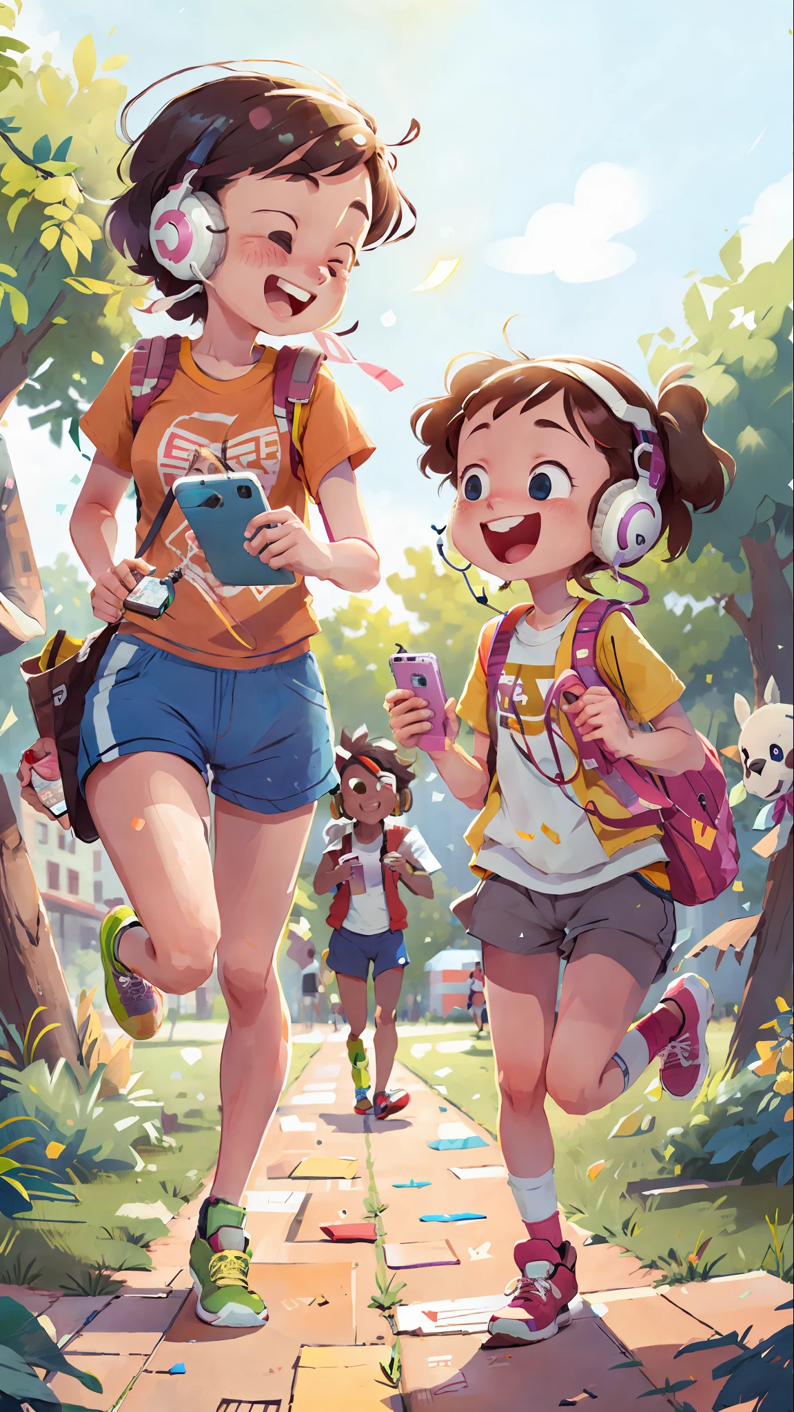 (SFW), two running college students, campus, holding mobile phone, mobile phone fine, with wired headphones, happy, happy, perfect quality, clear focus, colorful, perfect face, intricate details, ultra-low viewing angle, wide angle lens --v 6