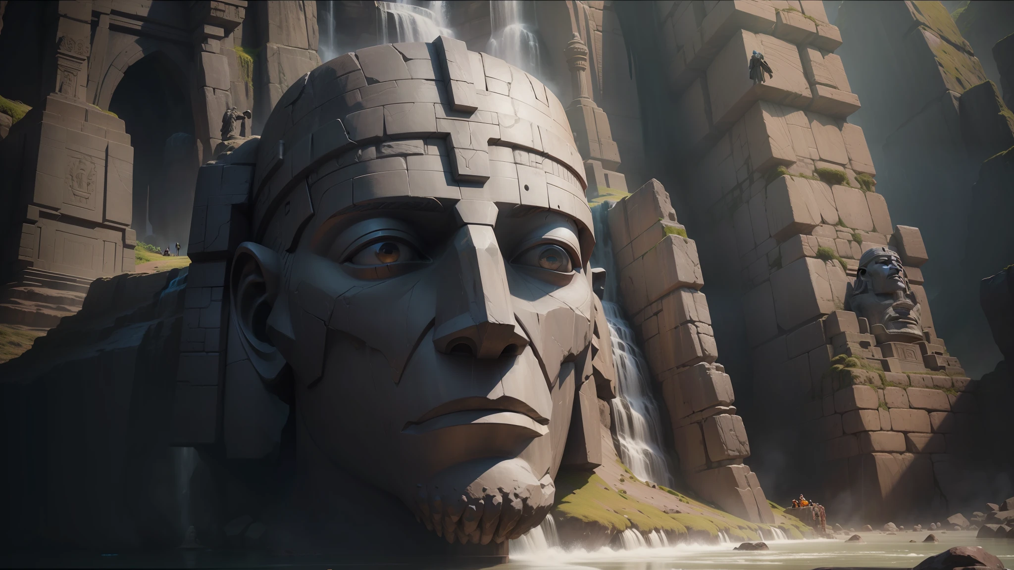 arafed statue of a man in a cave with a waterfall, kinematic, stone eyes, Inca, by Thomas Crane, gigantic monstrous, by Víctor Manuel García Valdés, lost temple, panoramic 4k, moai, n 2, monoliths --auto --s2