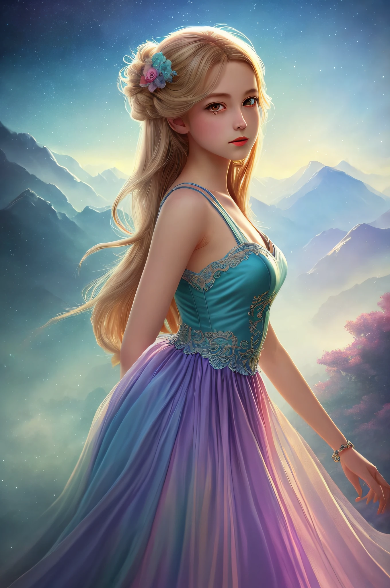 A highly detailed anime illustration, 1girl, vintage, dreamy, magical, dynamic pose, drawing, trending on artstation, UHD, (((by Quentin de Warren))):1.8, magic in the air, atmosphere, luminosity