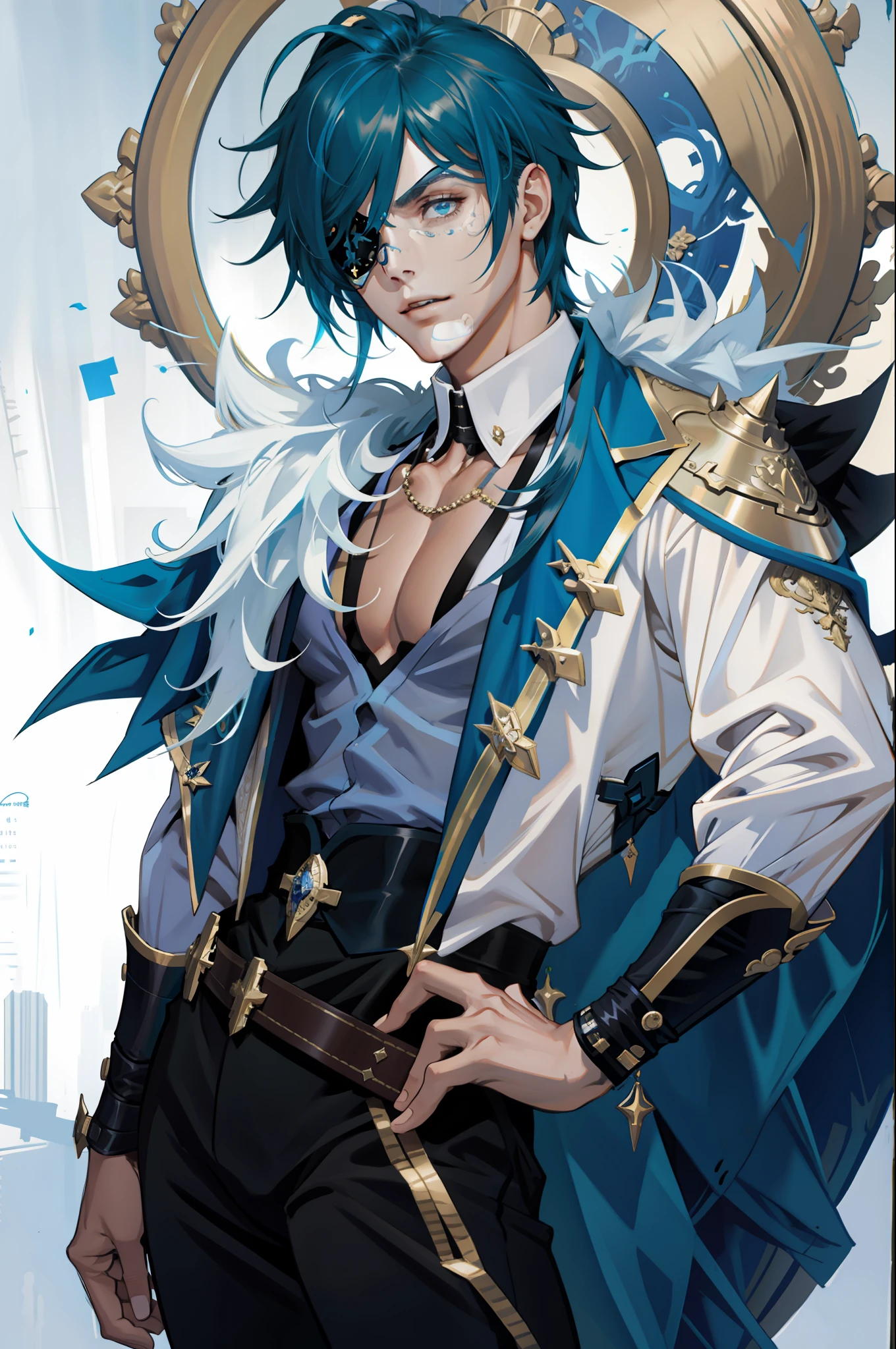 (masterpiece, best quality), 1 male, mature, aged up:1.4, tall muscular guy, broad shoulders, finely detailed eyes and detailed face, extremely detailed CG unity 8k wallpaper, intricate details, Fantasy, blue hair, eyepatch on right eye