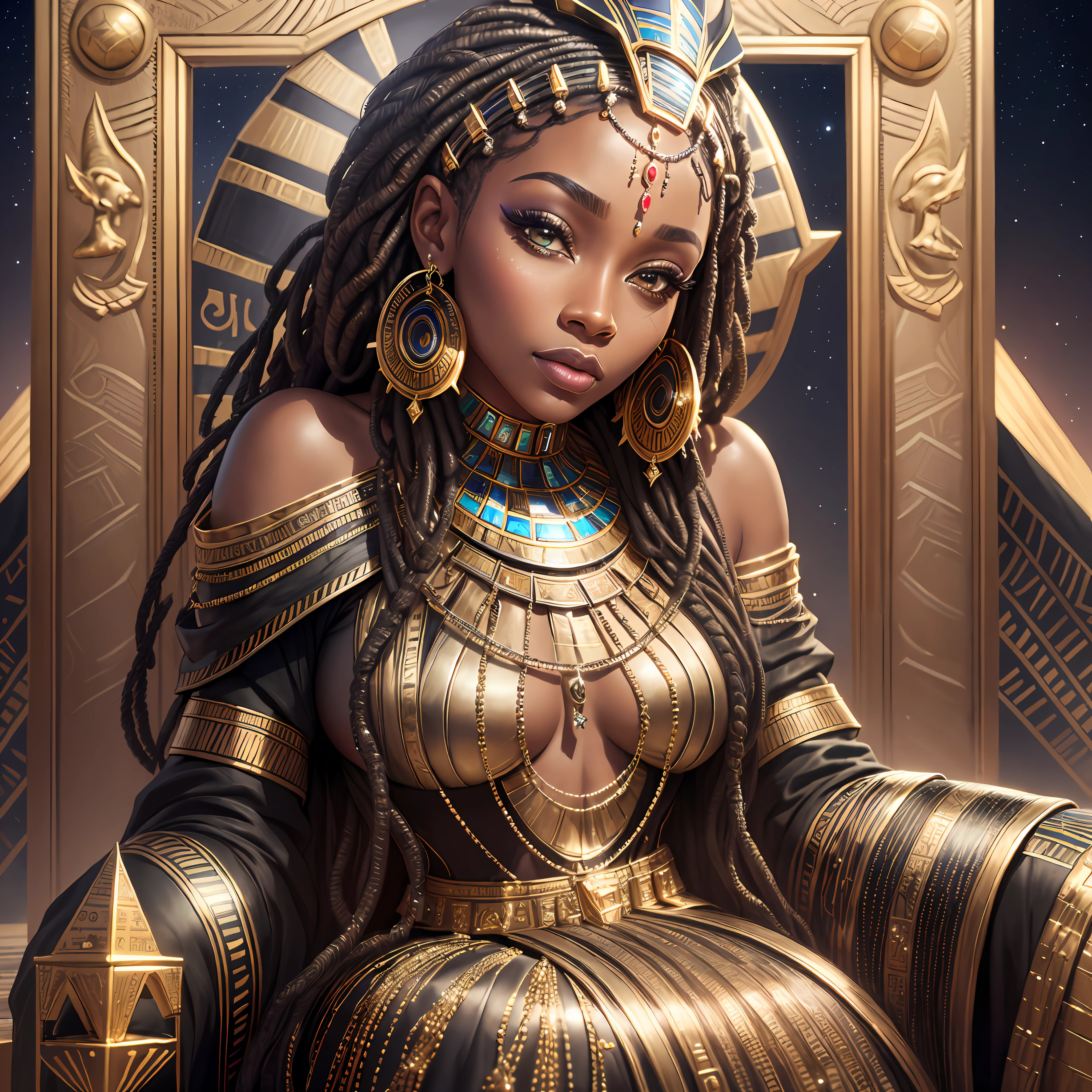 Realistic skin, (((masterpiece)))), realistic clothes, black and silver clothing, lips, eyes, face up close, African Queen, futuristic Egyptian clothes, pyramids with neon, night listen, realistic sky, stars, woman with dreads, gold, jewelry, sitting on a throne full of jewels