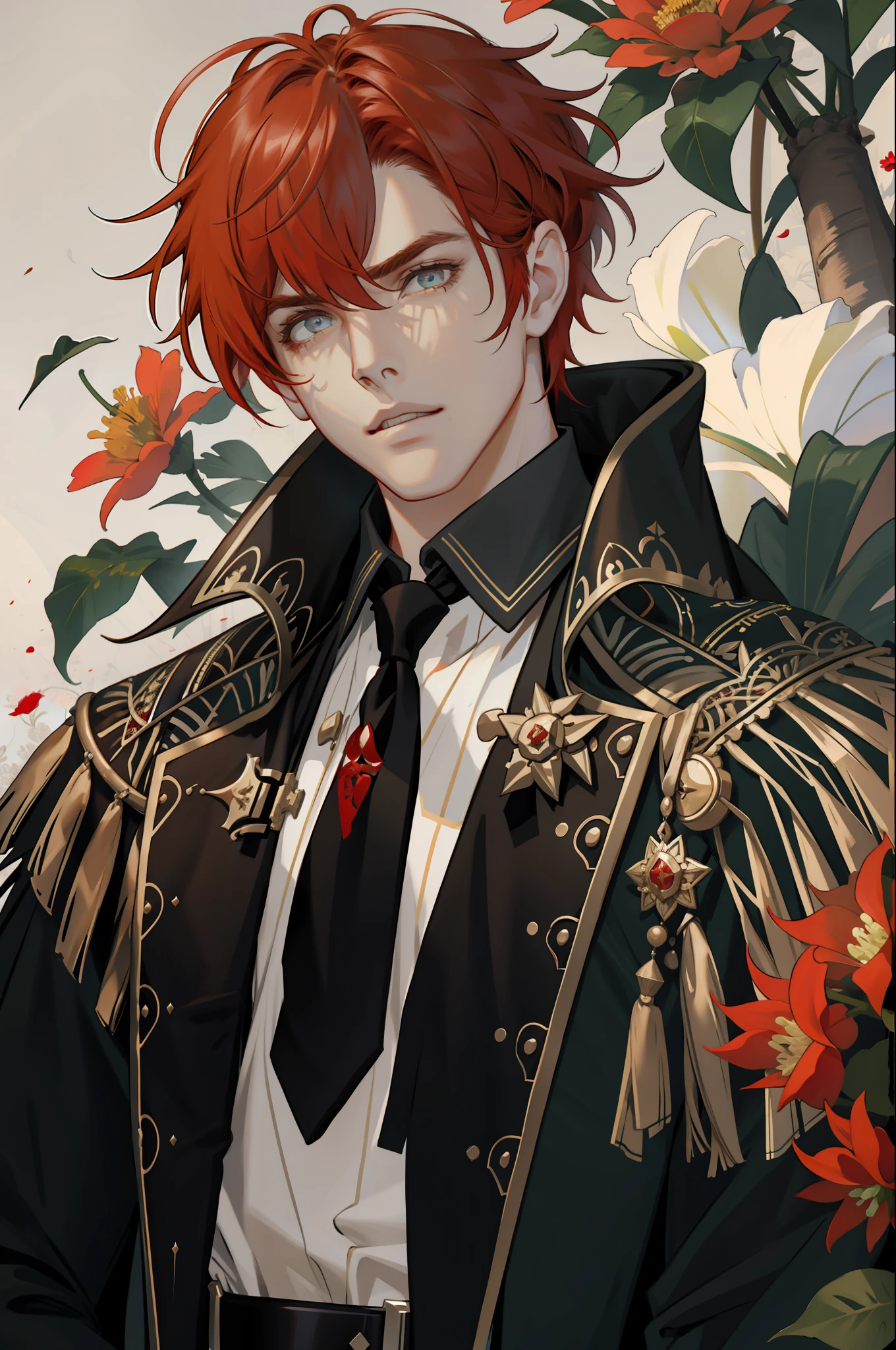 (masterpiece, best quality), 1 male, mature, aged up:1.4, tall muscular guy, broad shoulders, finely detailed eyes and detailed face, extremely detailed CG unity 8k wallpaper, intricate details, Fantasy, red hair, red flowers background
