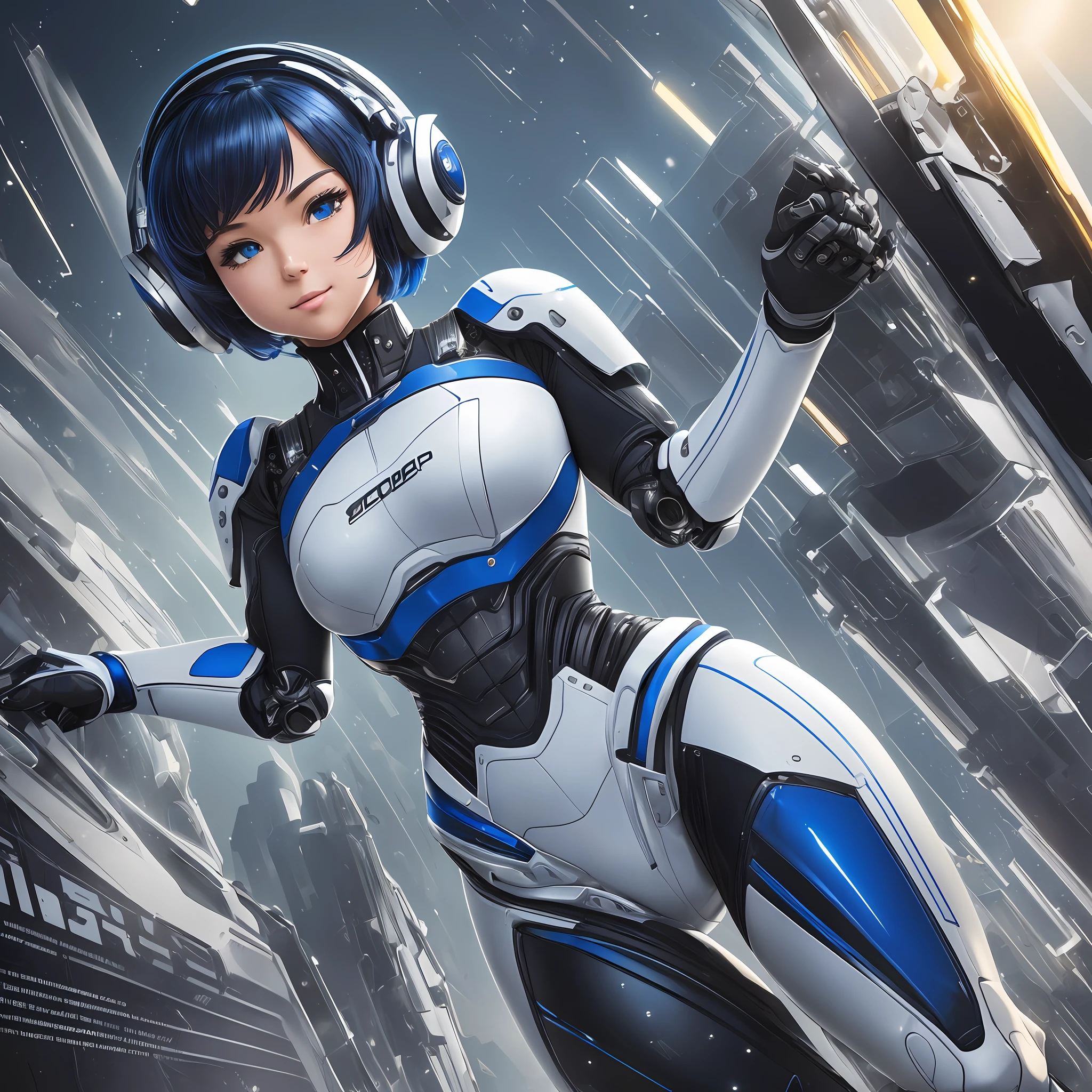 (masterpiece, top quality, distinct_image, very elaborate CG, detailed detail, (photorealistic: 1.4), high quality textures, fine-grained, realistic face expression): (Solo, lone girl, Japan face, blue haired girl, full body figure, watch viewer, bob cut, small size breasts, sparkling blue colored eyes, pilot suit in white and blue and black colors, tight Fitted clothes, clothes that cover the whole body, beauty, cuteness, slim body, exoskeleton, dynamic angles, dynamic poses, light on face, white and blue and black metal armor, heroine, simple design headset, boots, light smile, golden hour lighting, detailed robot cockpit of solo ride) --auto --s2