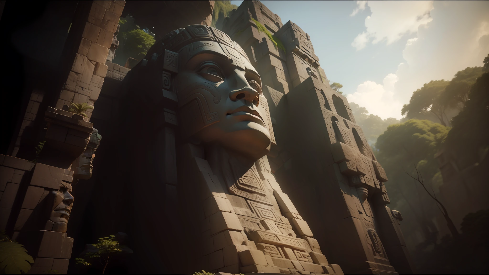 there is a large stone statue in the middle of a forest, stone eyes, cinema 4d :9 detailed face: 8, mayan temple in the jungle, hud face, graphics for playstation 2, ps5 cinematic screenshot, scattered islands, moai, photo face, no mustache, red skull nose --auto --s2