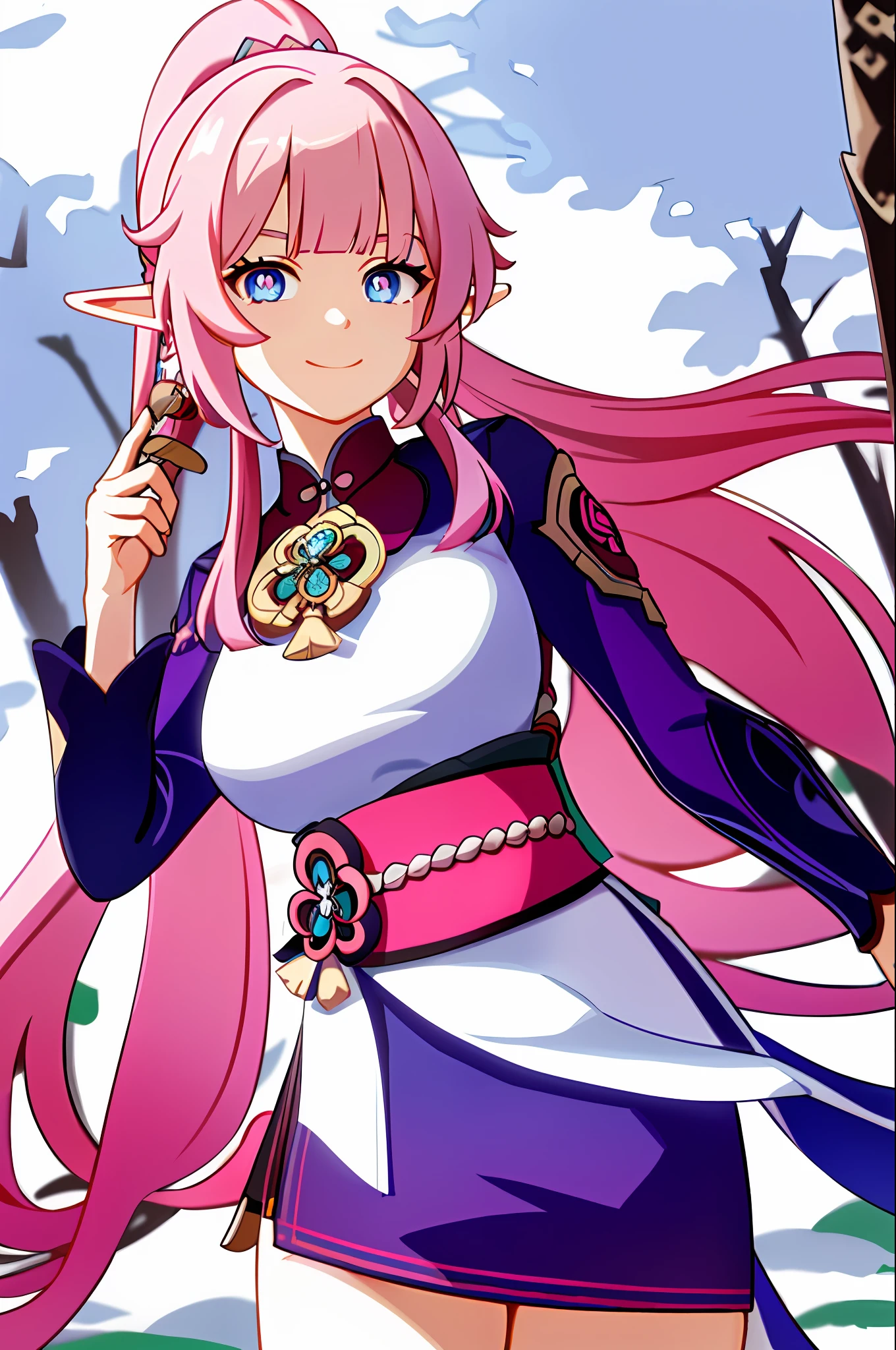 masterpiece, best quality, 1girl, solo, upper body, genshin impact, 1girl, elf ears, branch, large breasts, closed mouth, cowboy shot, jewelry, long hair, ponytail, blunt bangs, looking at viewer, breasts, long traditional kimono, pink and white kimono, blue military cloak, military shawl, outdoors, pink hair, blue eyes, pink pupils, pink pupils, blue eyes, pink pupils, long sleeves, big sleeves, loose sleeves, sidelocks, smile, solo, dynamic pose, genshin,