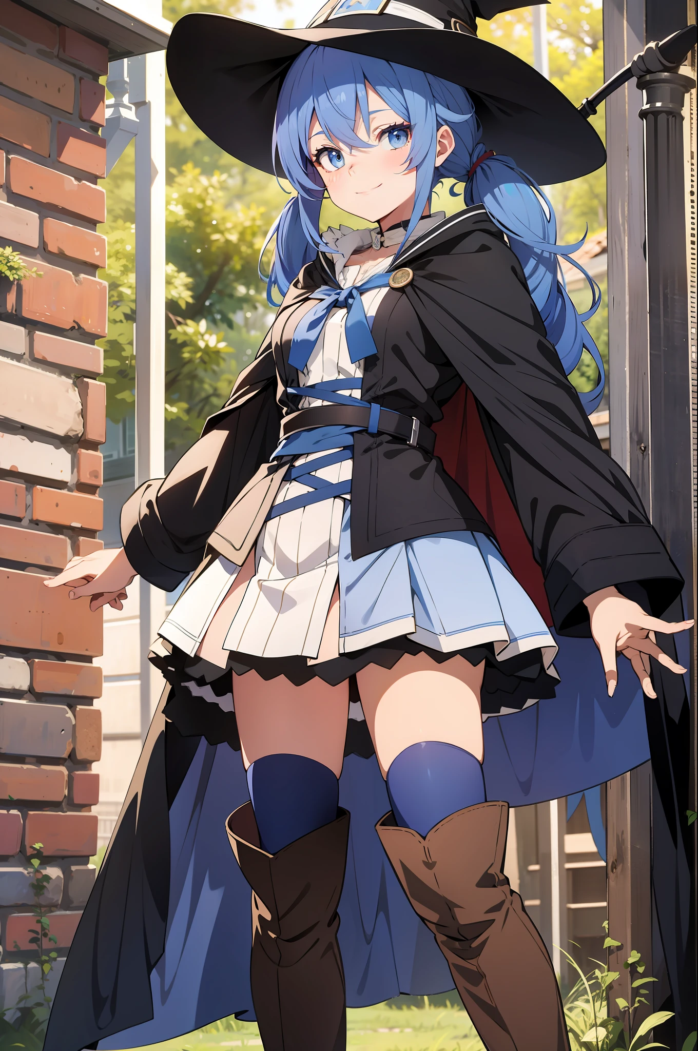 Roxy Migurdia, One Girl, Witch Hat, Blue Eyes, Blue Hair, Twin Blades, Twin Tails, (Brown Coat: 1.1), Cape, Robe, Braided Ponytail, Knee Boots, Witch, Magic Wand, Black Socks, Hair Ribbon, Ribbon, Clock Viewer, Socks, Smile, Mouth Closed, Outdoor, Medieval, Standing, Sun, High Definition, Top Quality, 8K, Very Clear.