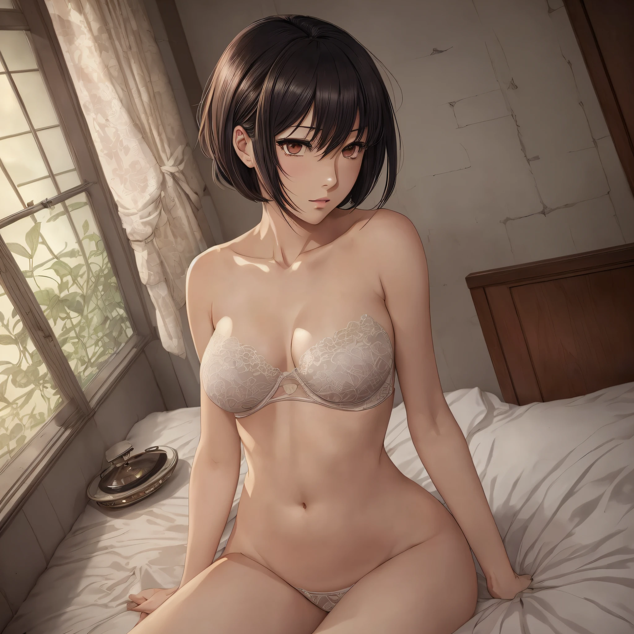 animated, cel shading, absurdres, showa, top quality, (masterpiece: 1.3), high definition, viewfinder, high_resolution, distinct_image, professional animation, very detailed, sexy, slender, small waist, nude,,, kiss marks, high resolution, super detailed, Japan anime, Top quality, very delicate and beautiful illustrations, (one woman), (cover, perfect anatomy, full body, (short hair), black hair, (slim legs), complex hair, detailed eyes, (downcast eyes), black eyes, small mouth, half-open mouth, sweat, moist, skin, flushed, chest, upper eyes, small breasts, frontal, Japan woman, expressionless, ennui, ecstatic, nymphomaniac, loneliness, sexual sensation, Moeka_Kiryu \ (STEINS ; GATE\), Moe Kiryu, looking at viewer, up angle, official art, beautiful detailed background, (very delicate and beautiful illustration), depth of field, bokeh, retro, hotel, western room, dim, on bed, sheets, oriental --auto --s2